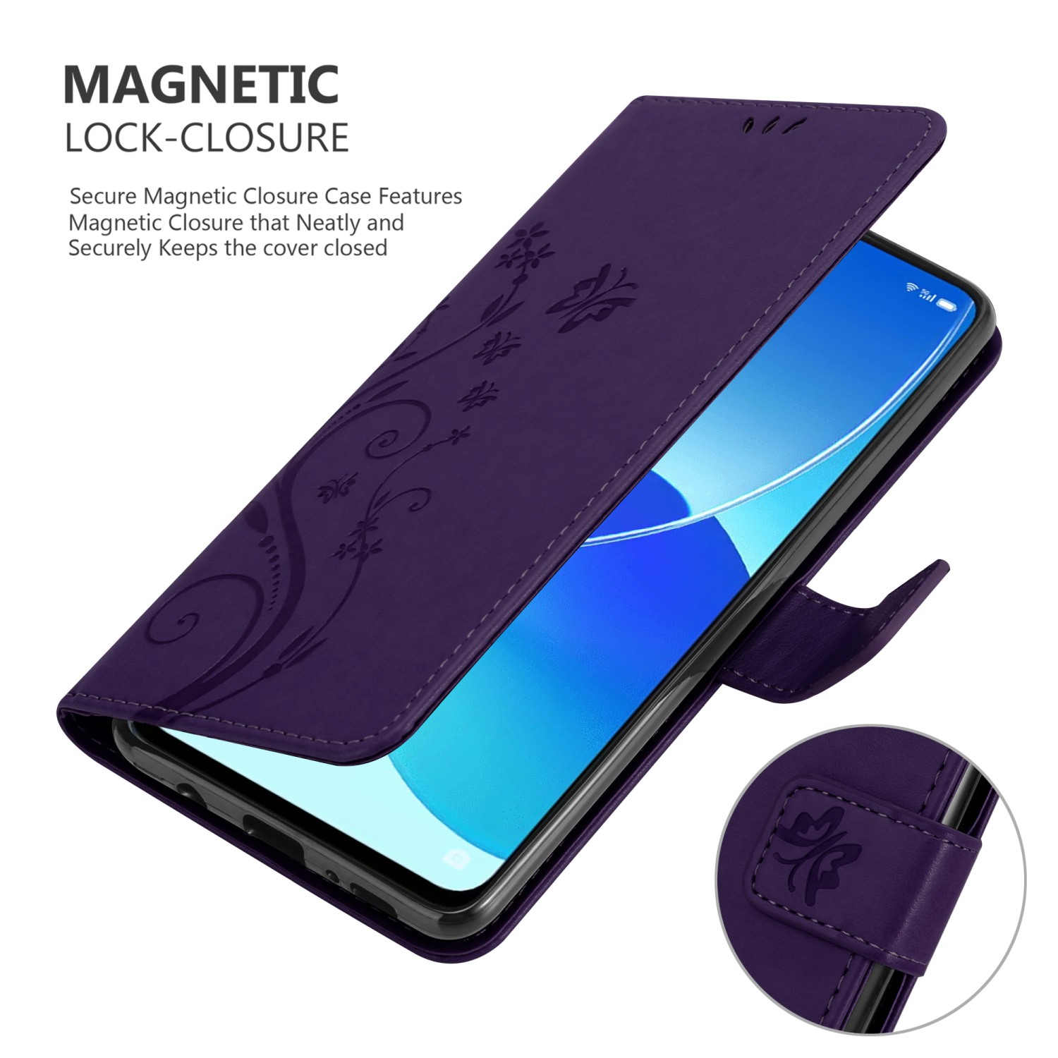 Custodia per telefono viola con un design floreale. La custodia è aperta, mostrando il telefono e una chiusura magnetica.