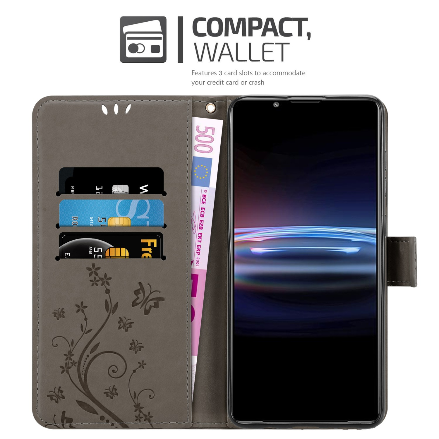 Custodia a portafoglio grigia, carte, denaro, telefono, portafoglio compatto, design floreale.