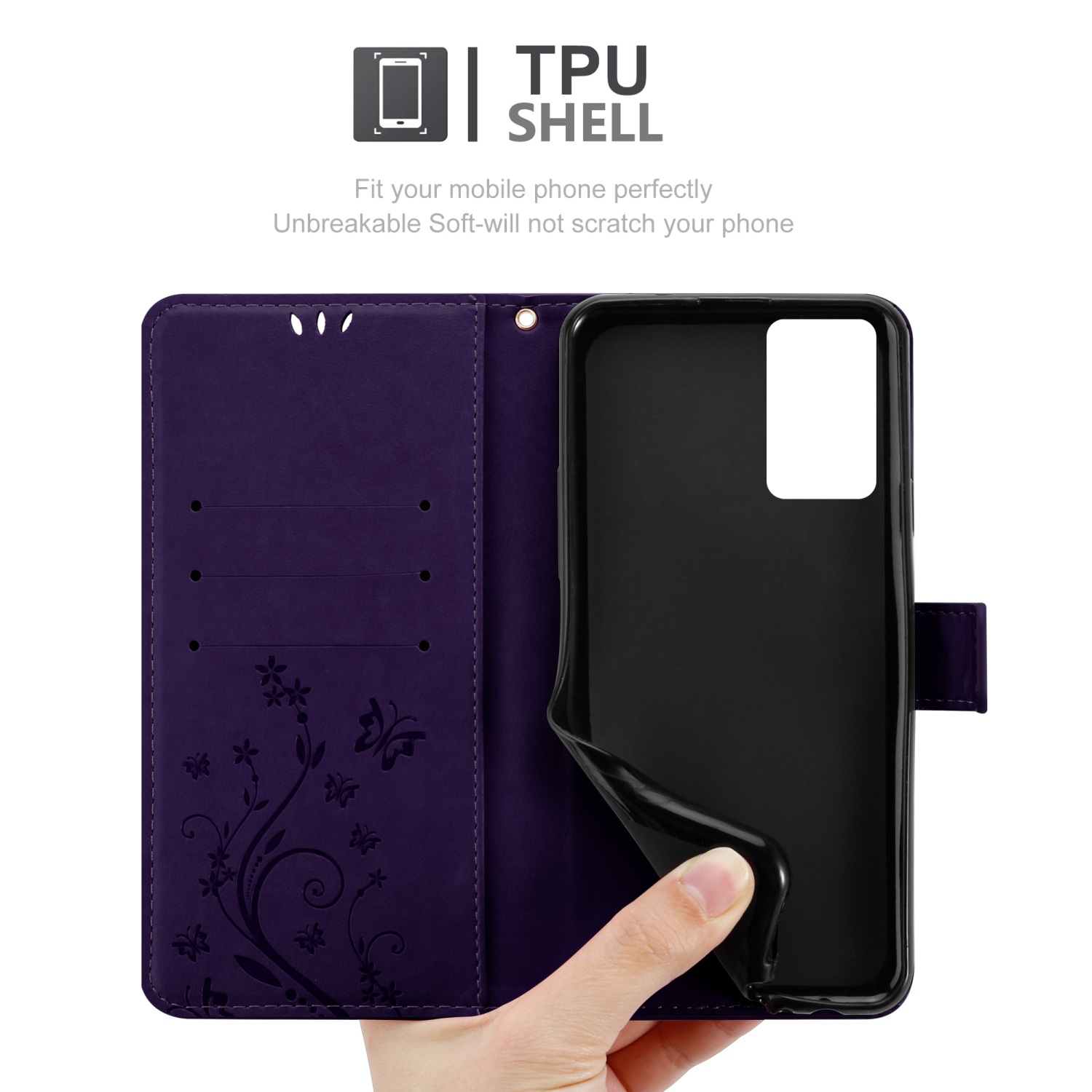 Custodia del telefono viola aperta con design floreale. Il telefono è dentro. La custodia è viola con un supporto nero per telefono.