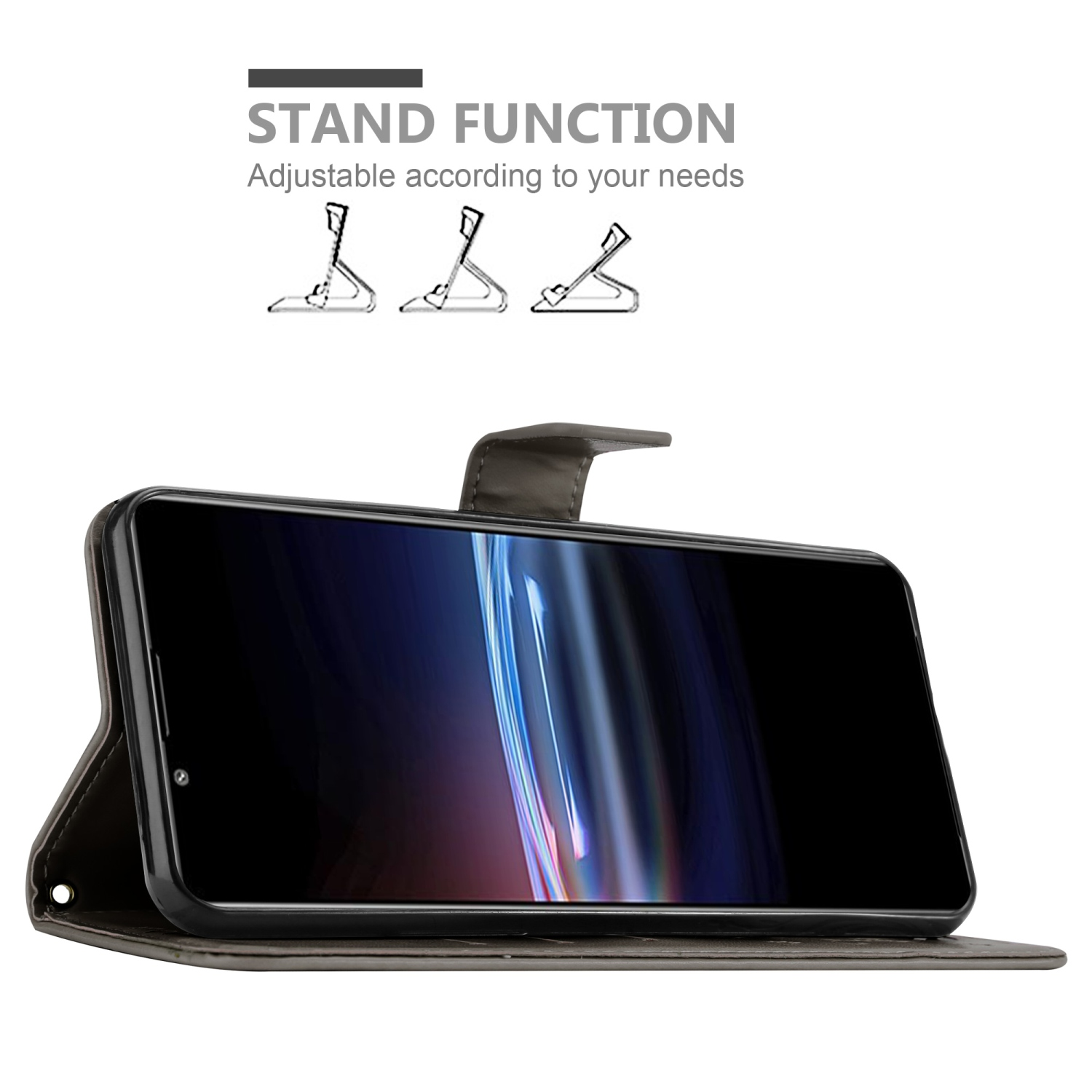 Una custodia per telefono con un telefono all'interno, che mostra la funzione stand. Lo schermo del telefono è visibile.
