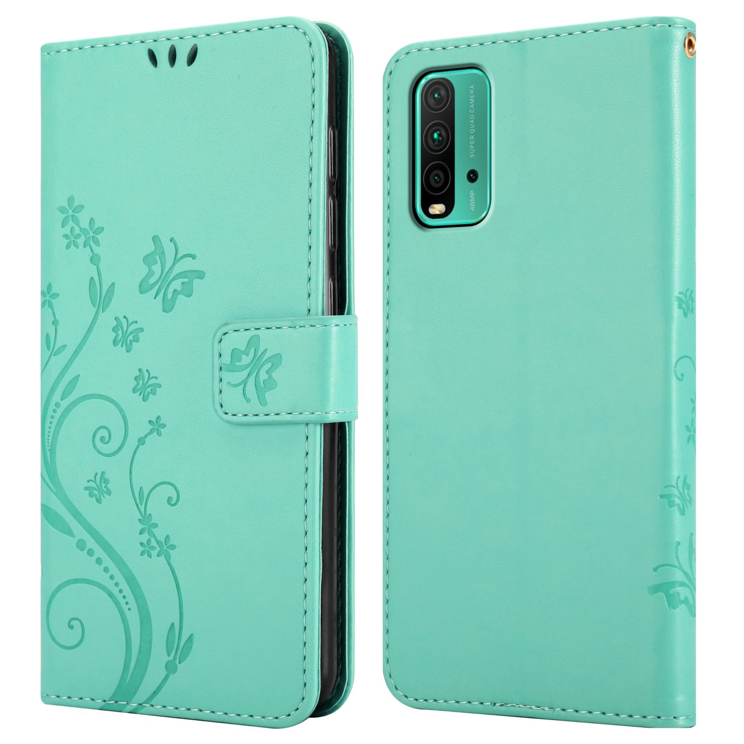 Custodia per telefono verde acqua con telefono all'interno. Presenta un design floreale e farfalle.