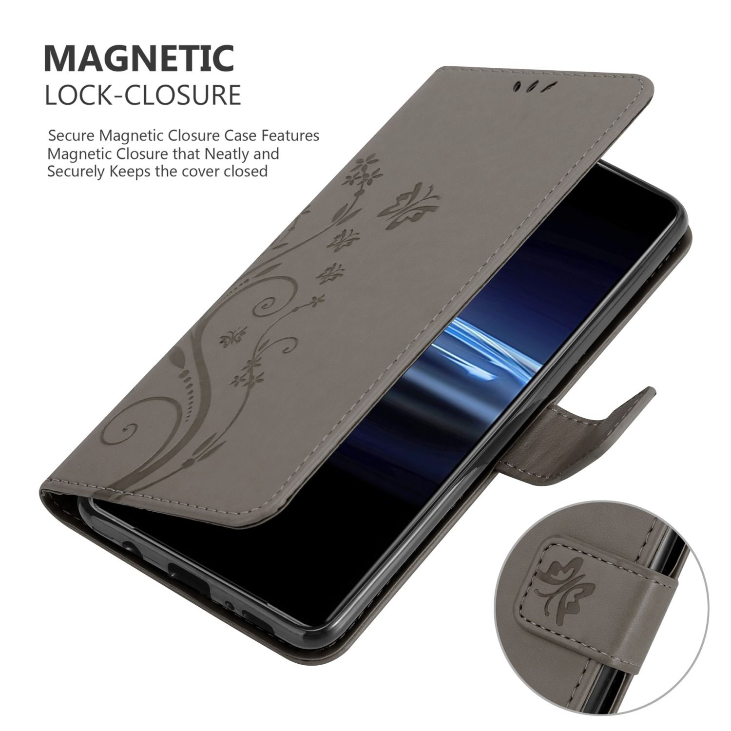 Custodia per telefono grigia, aperta, con telefono all'interno. Design floreale. Testo: CHIUSURA MAGNETICA, Custodia con chiusura magnetica sicura.