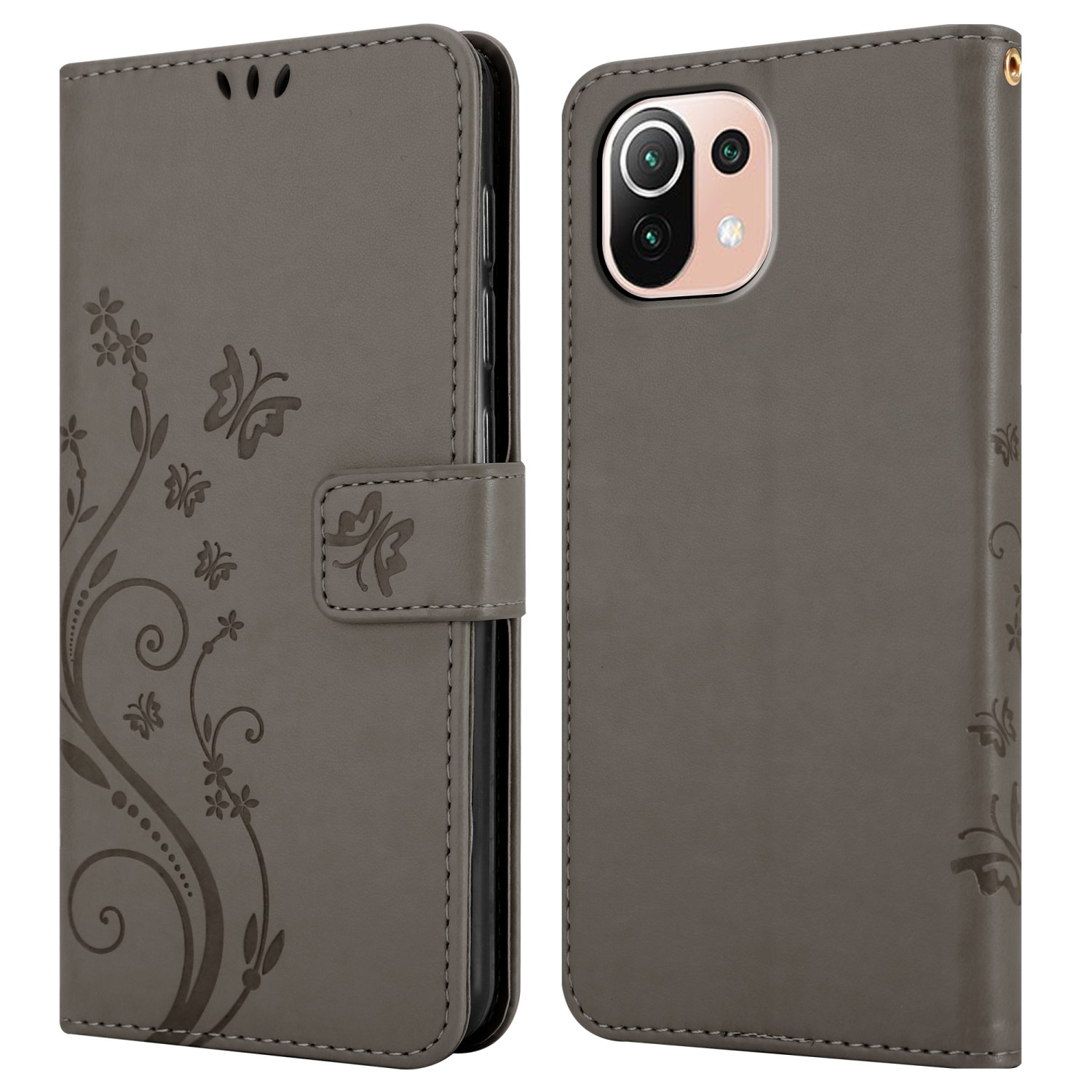 Custodia per telefono grigia con design floreale, mostrata aperta. Telefono e retro della custodia visibili.