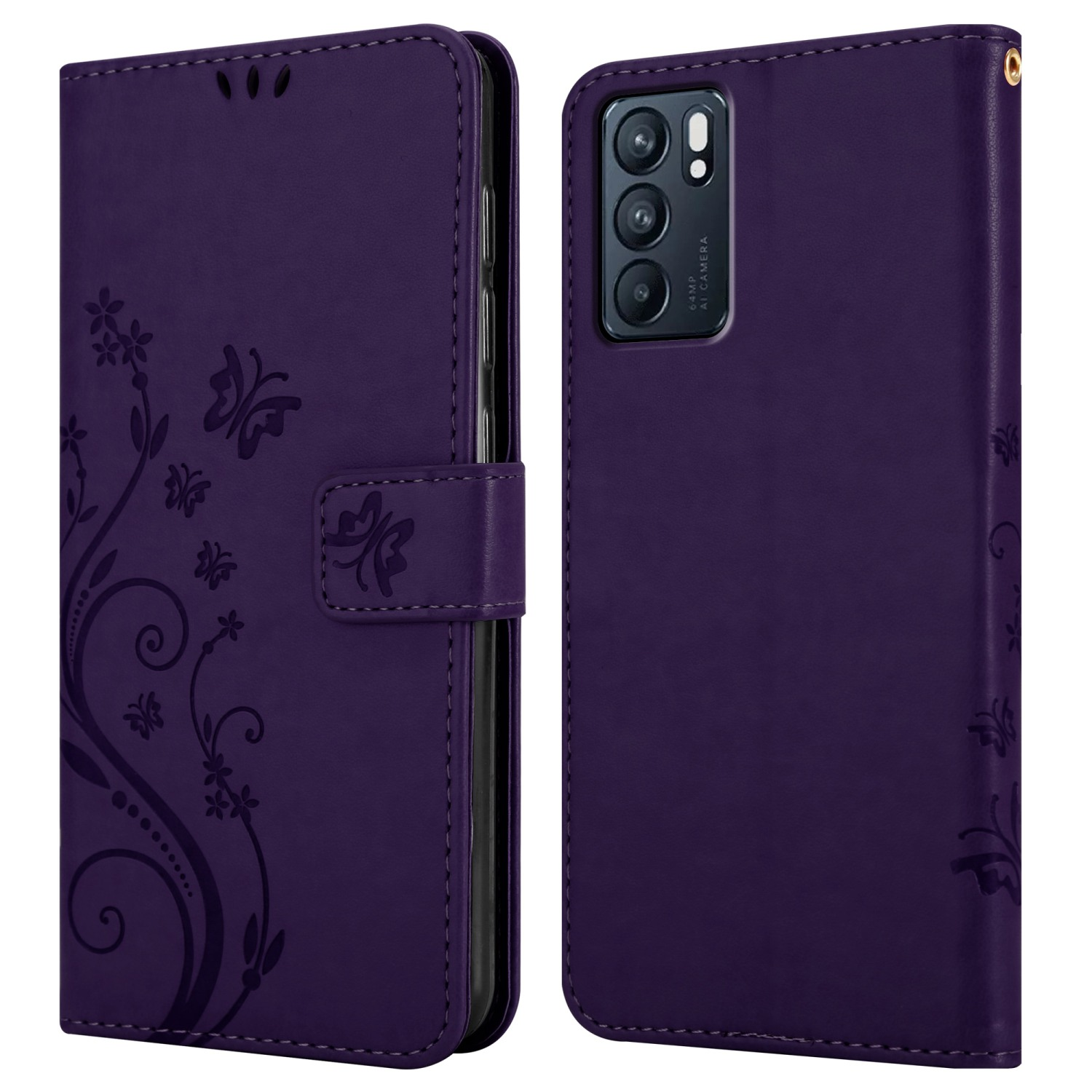 Custodia per telefono viola con design floreale, aperta per rivelare il telefono. Testo: Chiusura magnetica.