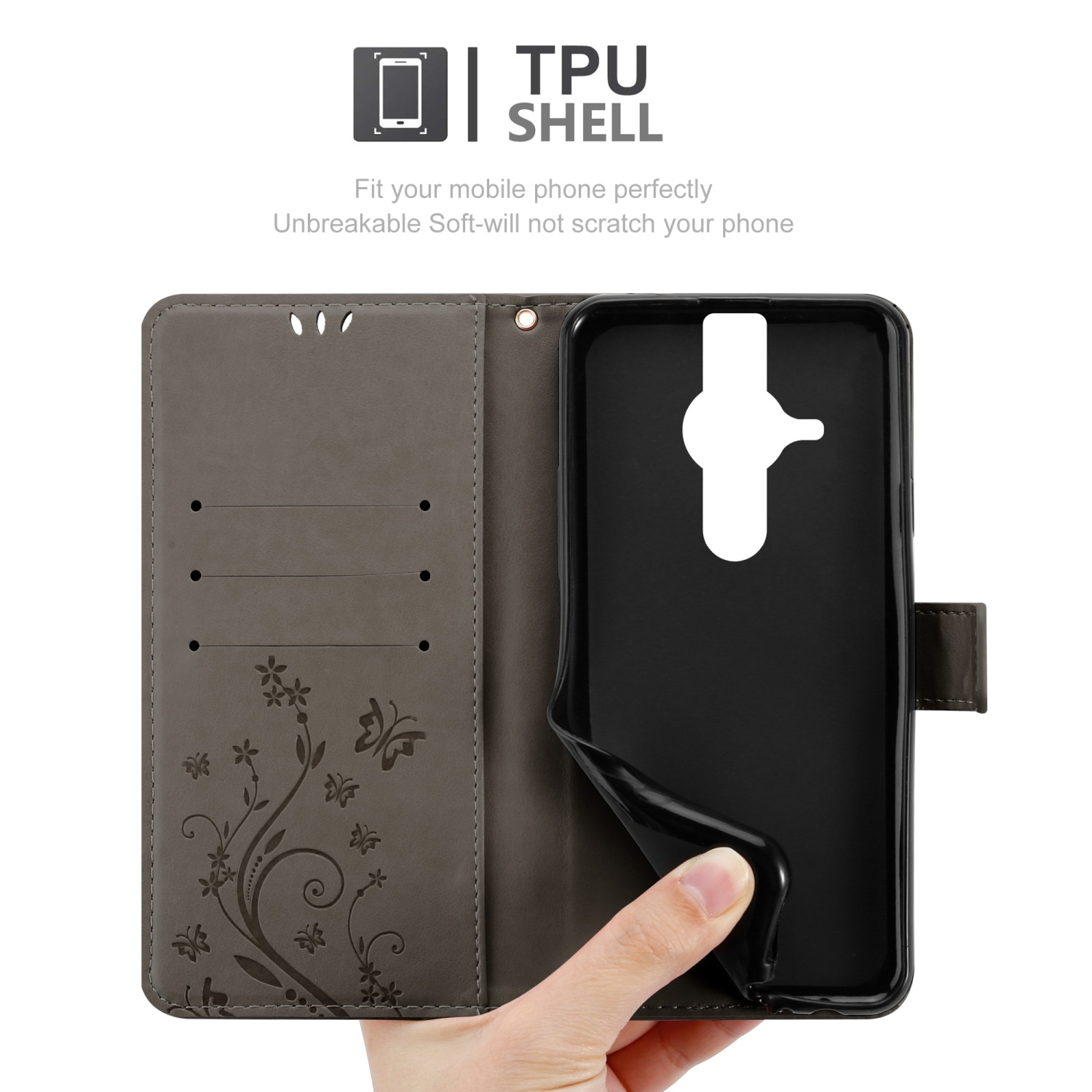 Custodia per telefono grigia con design floreale aperta, mostra un telefono nero. Una mano la tiene.