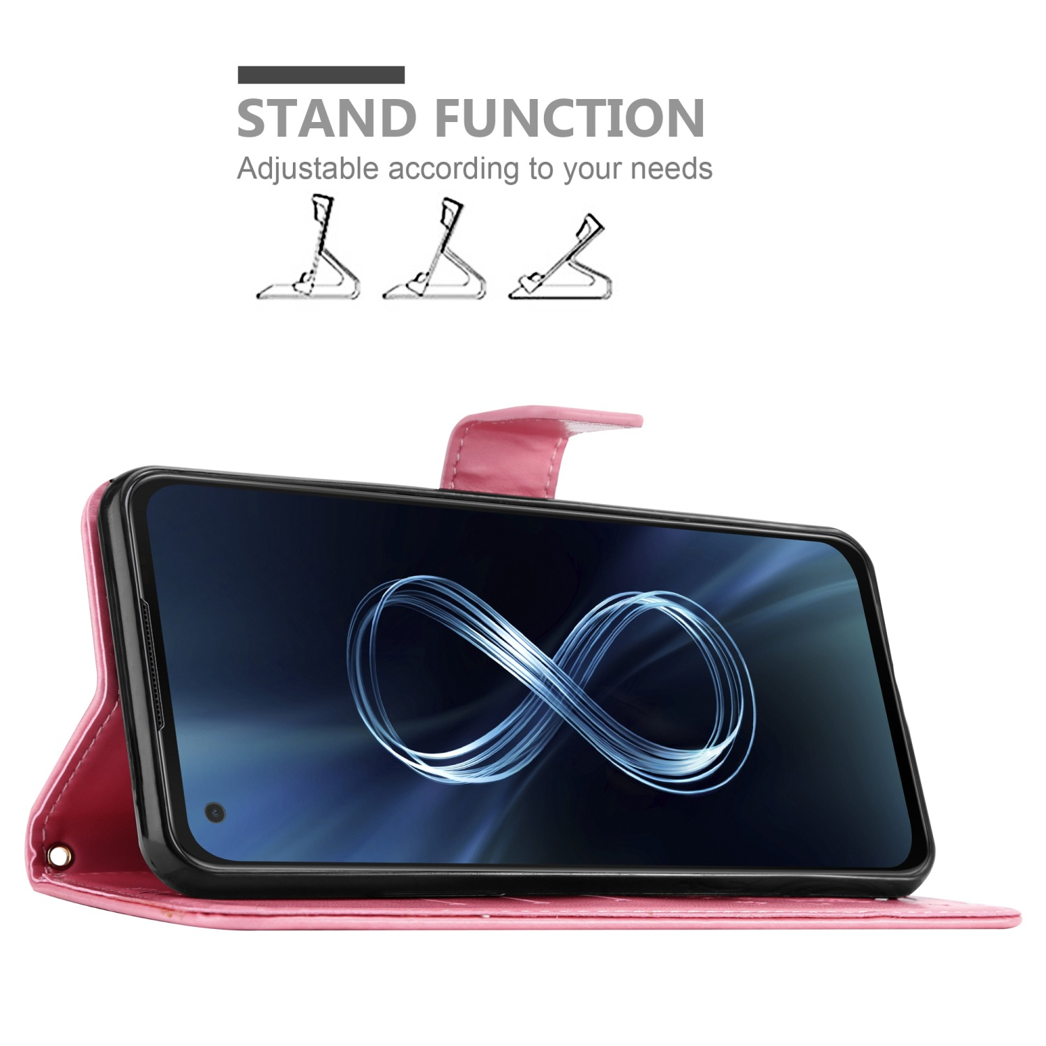 Custodia per telefono rosa con telefono in posizione stand. Sono presenti illustrazioni delle posizioni stand.