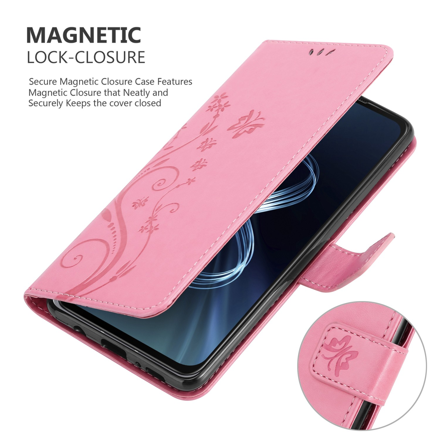 Una custodia per telefono rosa con un design floreale è aperta, mostrando il telefono all'interno. La custodia è su sfondo bianco.