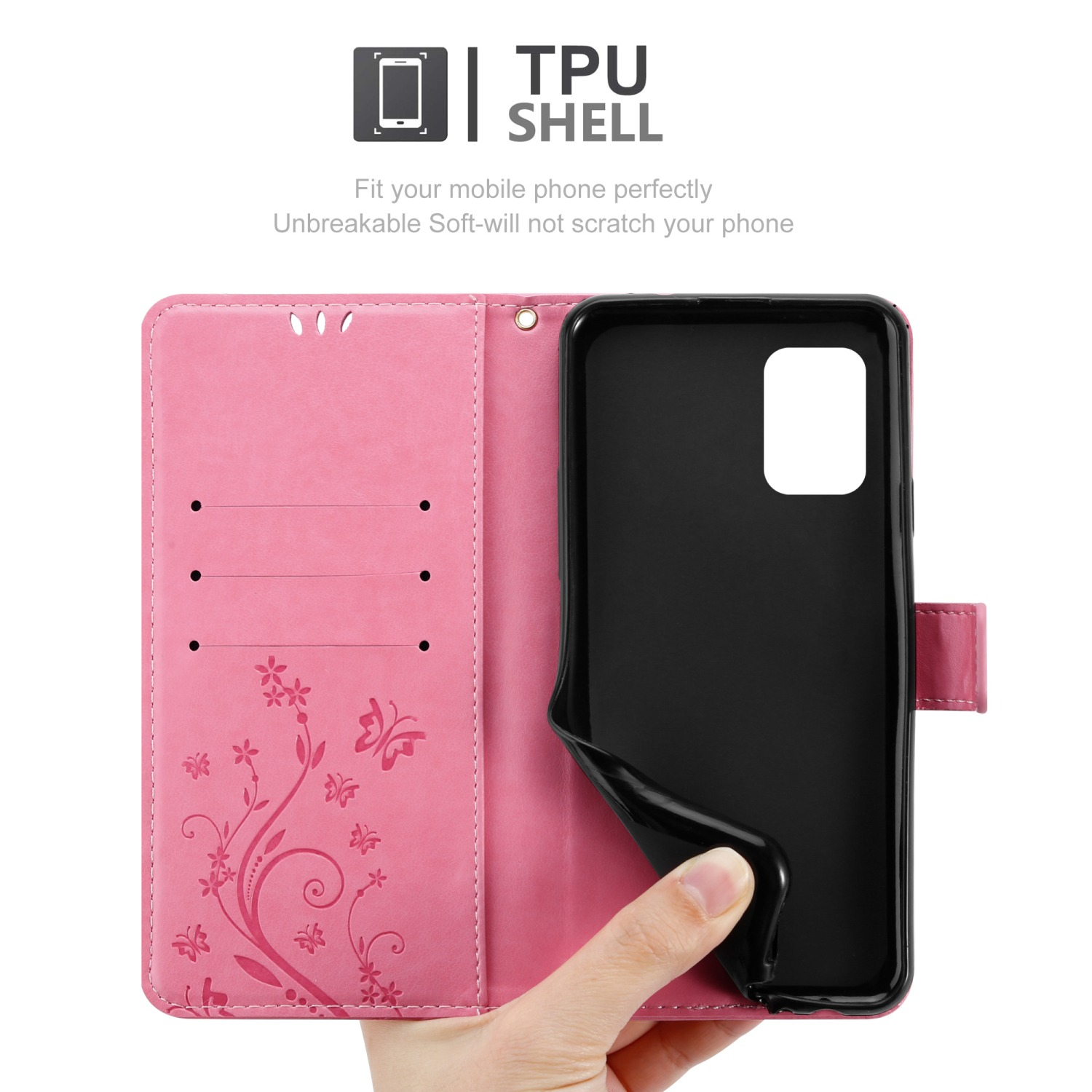 Custodia del telefono rosa aperta, design floreale, telefono visibile. Interno nero. Descrizione del guscio in TPU. Sfondo bianco.