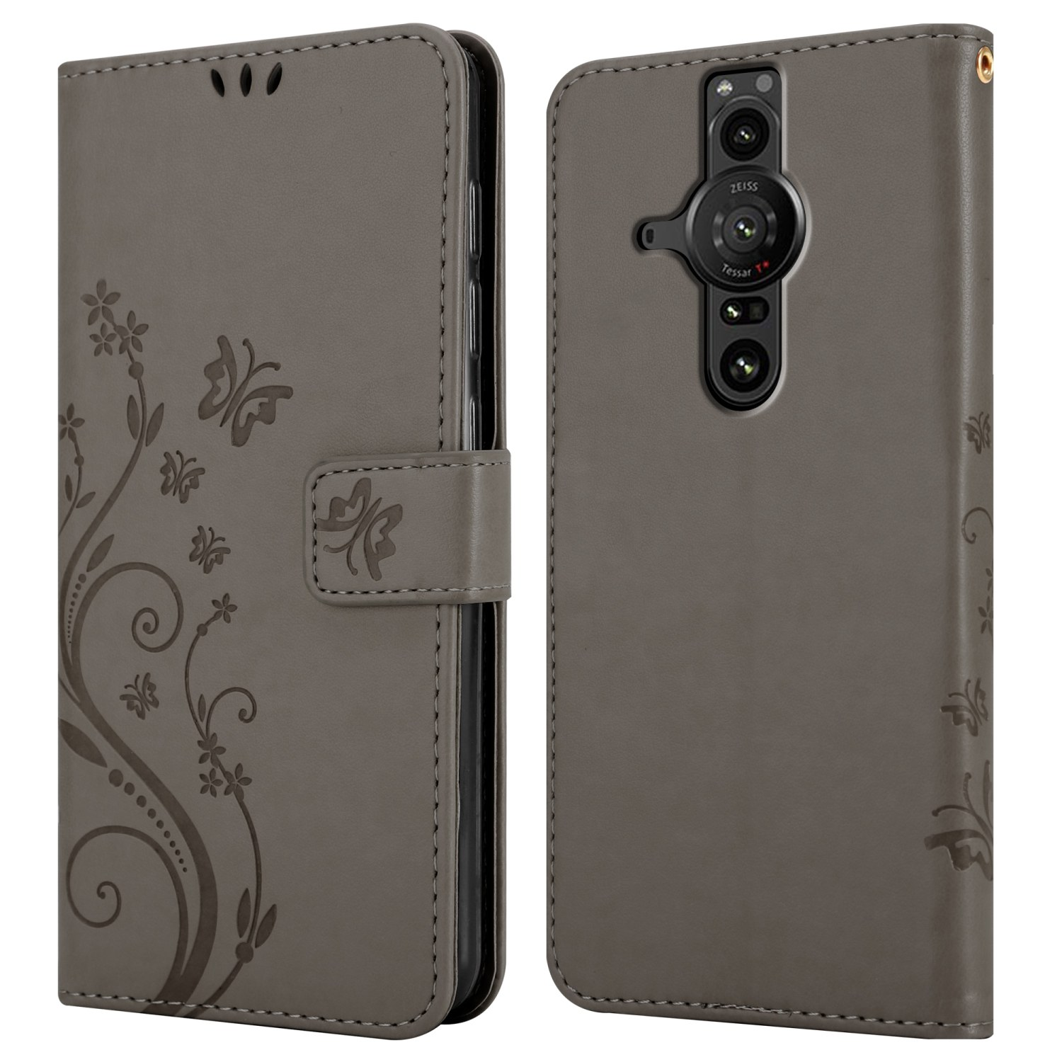Custodia per telefono grigia, chiusa. La custodia è adornata da un design floreale e a farfalla. Viste anteriore e posteriore.