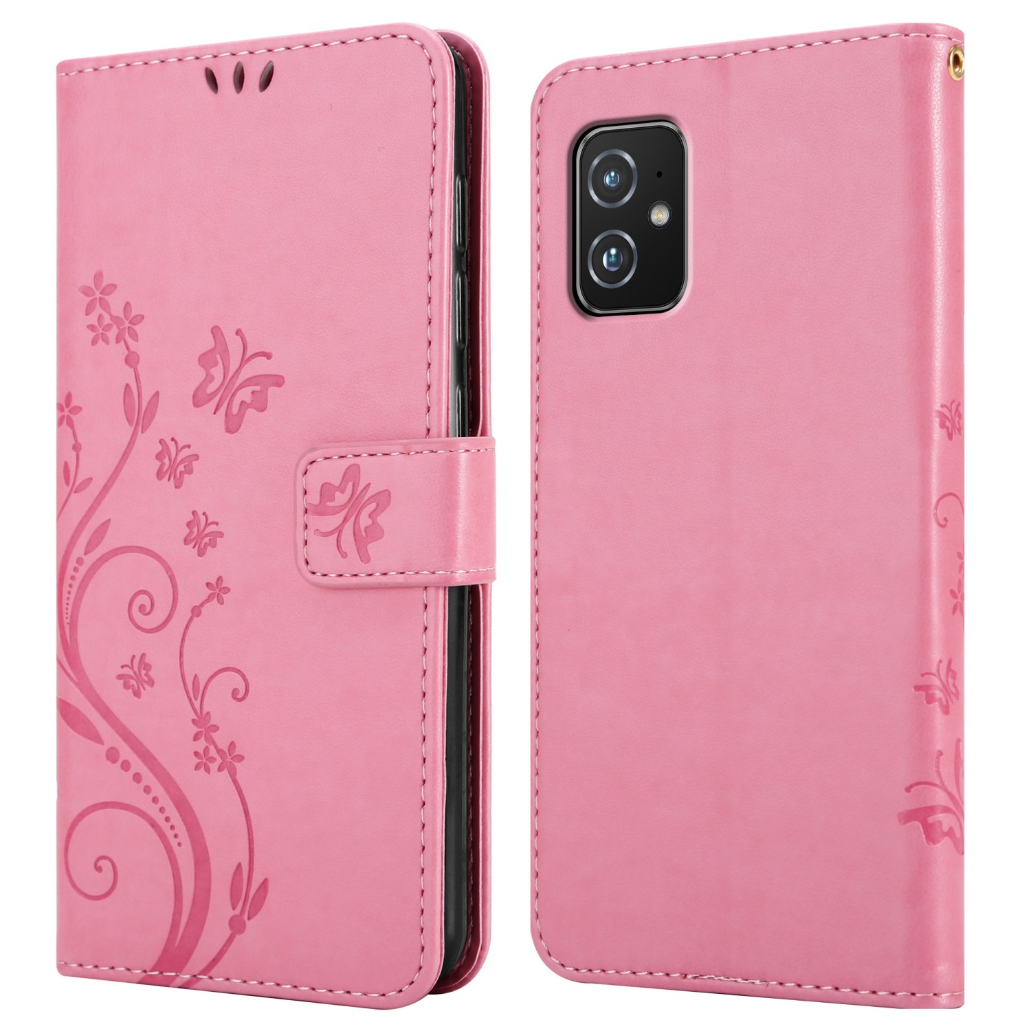 Custodia del telefono rosa aperta, design floreale. Telefono nella custodia. Testo: Protezione dalle cadute.