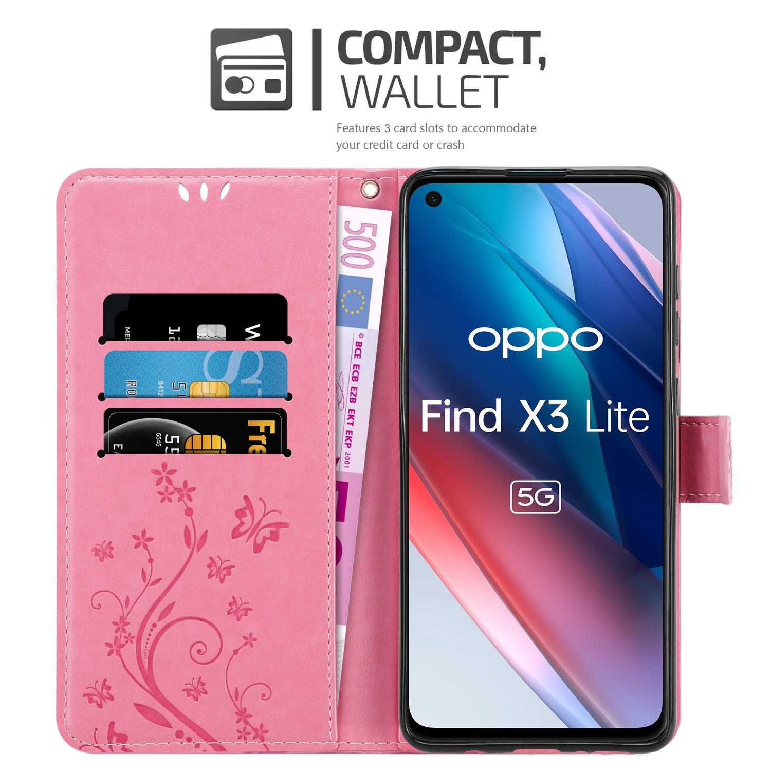 Custodia a portafoglio rosa con telefono e carte. Oppo Find X3 Lite in mostra.