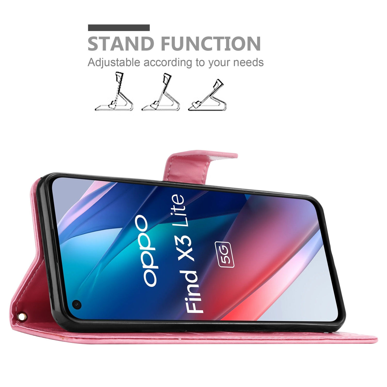 Telefono in custodia rosa con funzione stand. Il display mostra lo schermo del telefono. Il testo menziona lo stand.