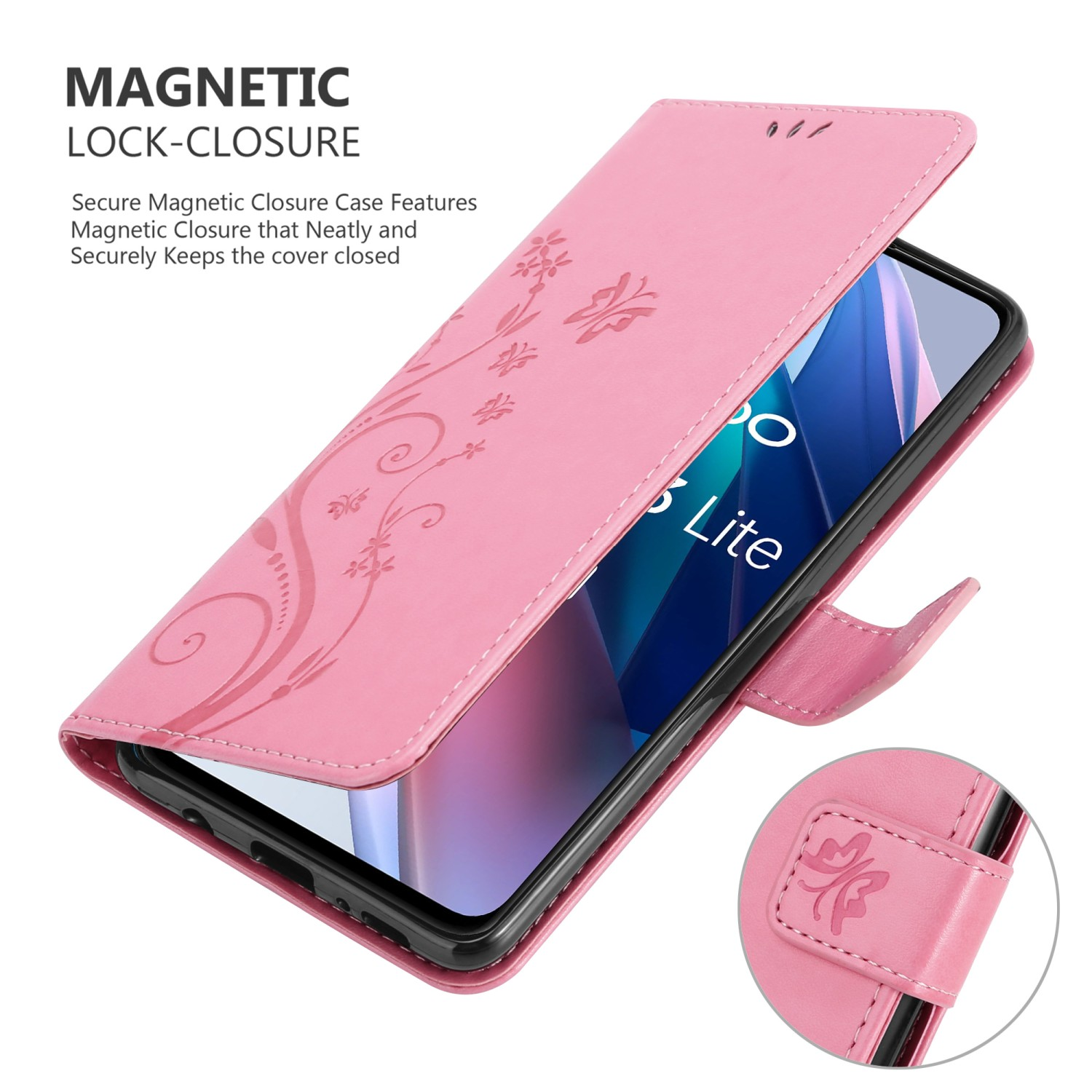 Custodia rosa per telefono con design floreale e aperta per rivelare un telefono.