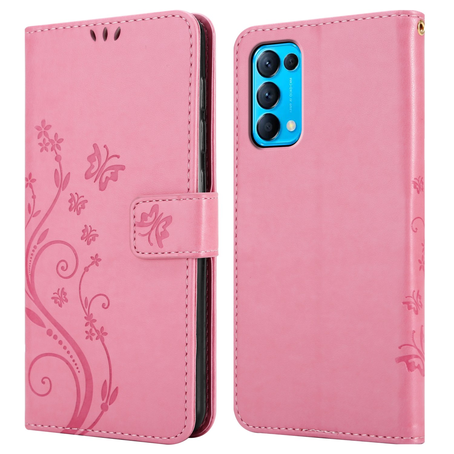 Custodia rosa per telefono con design a farfalla, chiusa e aperta. Chiusura magnetica.