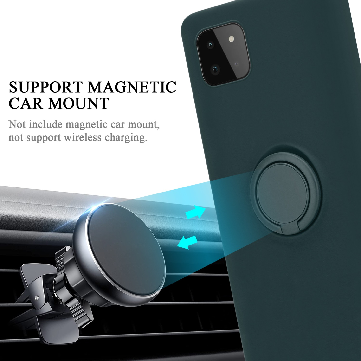 Dunkelgrüne Handyhülle. Das Telefon ist an einer magnetischen Autohalterung befestigt. Pfeile zeigen auf die Halterung.