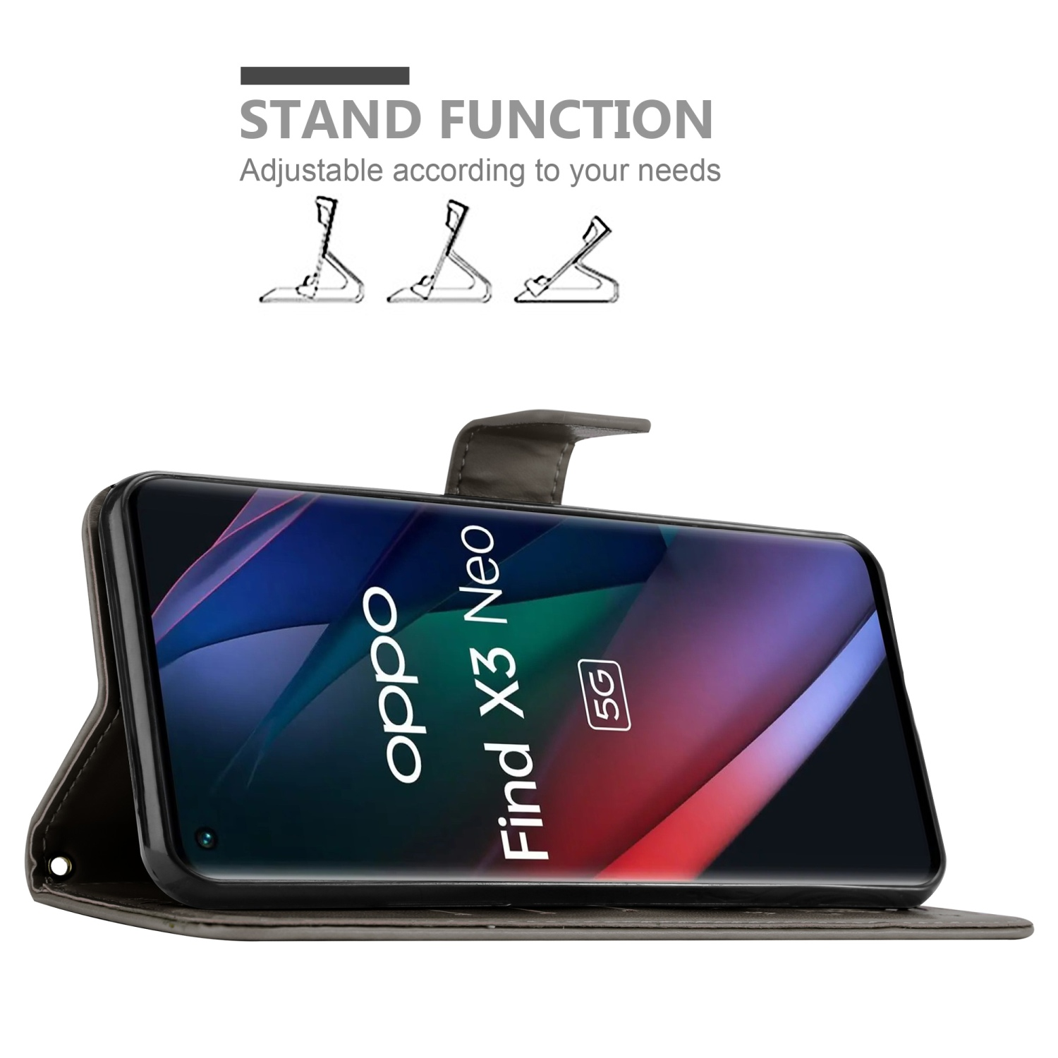 Telefon in grauem Etui, als Ständer aufgestellt. Text: Standfunktion.