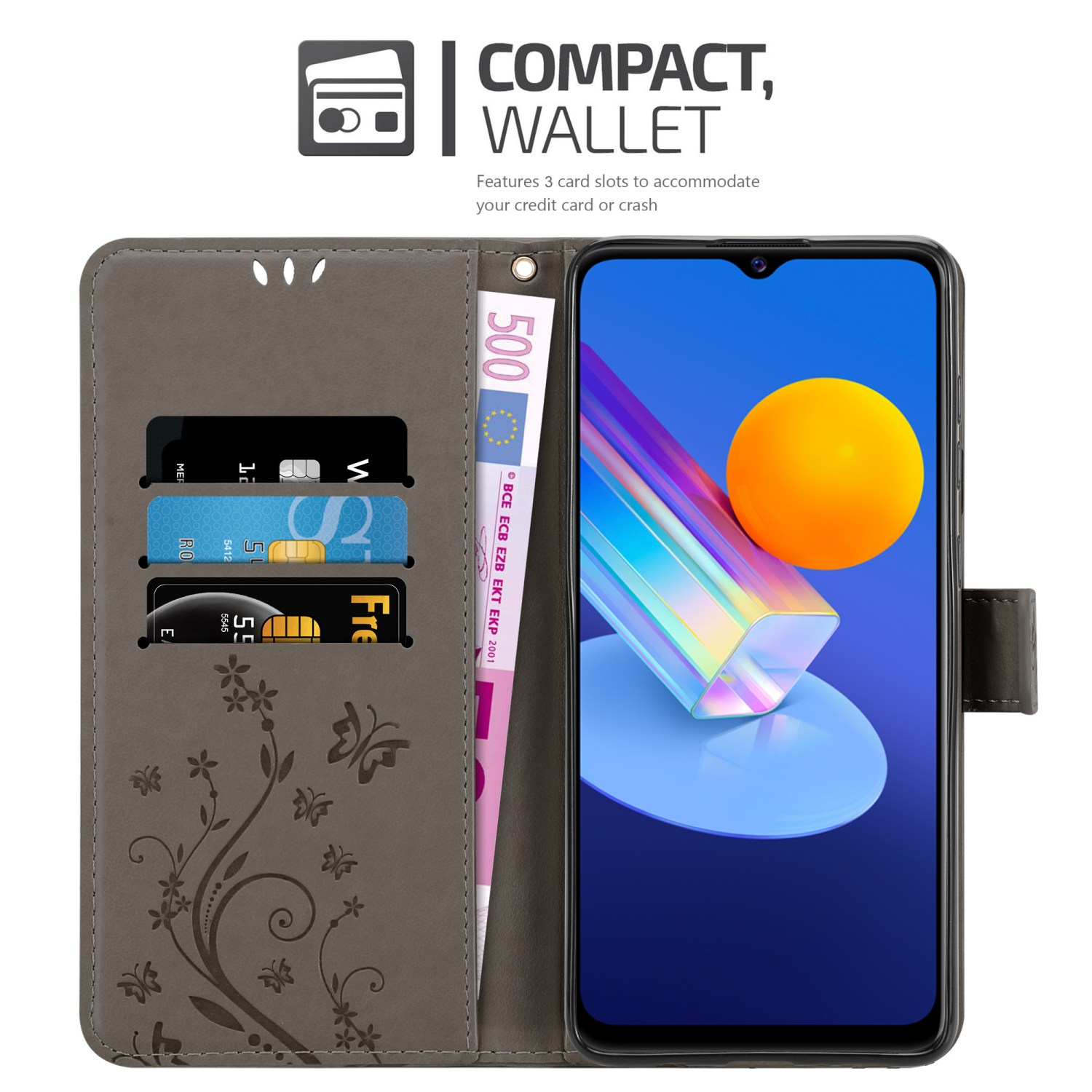 Custodia grigia con carte e telefono. Ha un design floreale e uno schermo del telefono visibile.