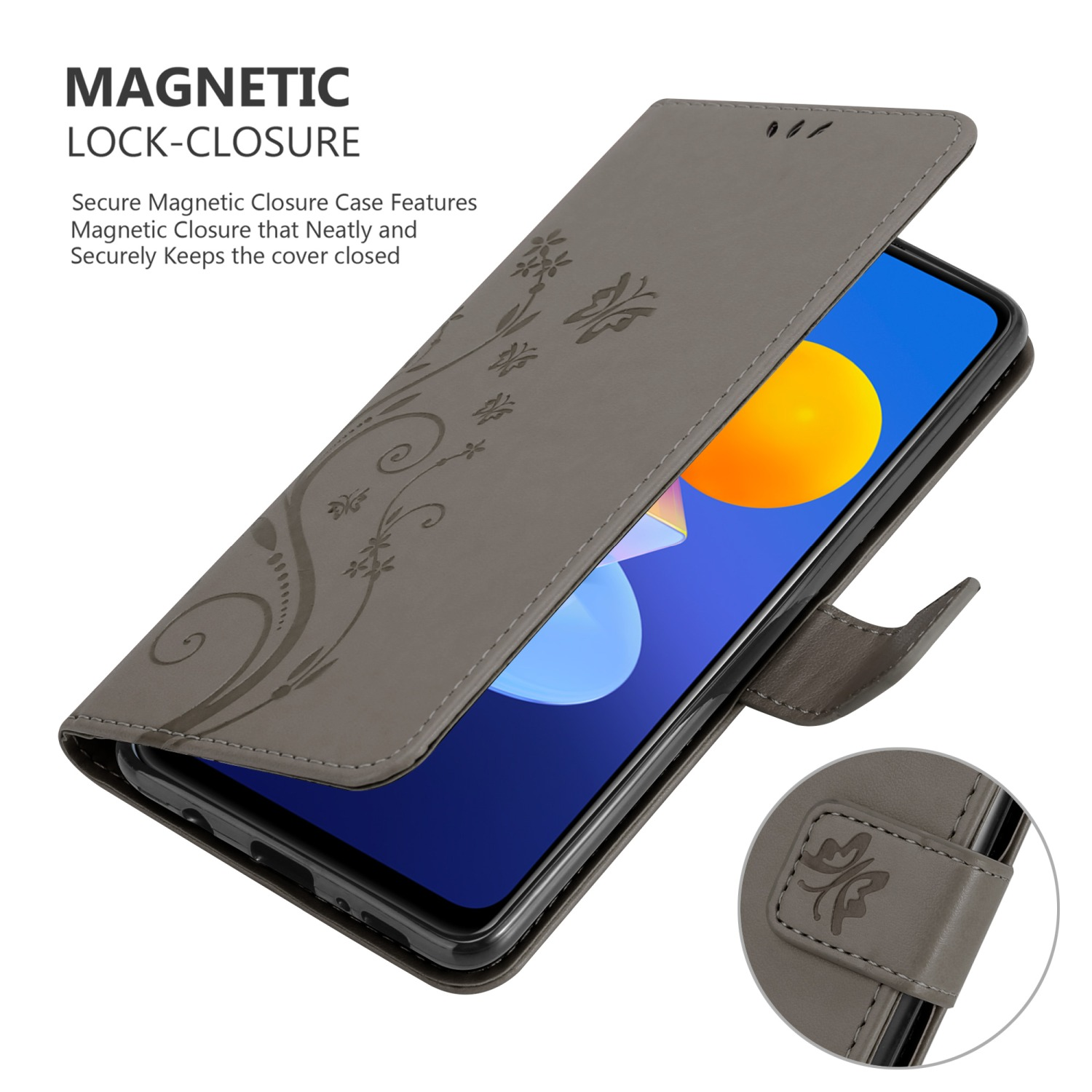 Custodia per telefono grigia con design floreale, il telefono all'interno è visibile e aperto.