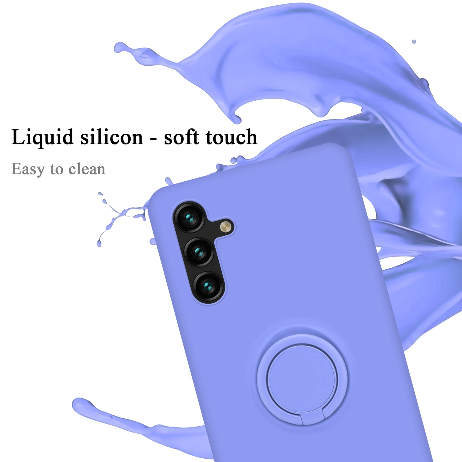 Custodia per telefono lilla con anello di supporto, effetto schizzo di liquido sullo sfondo.