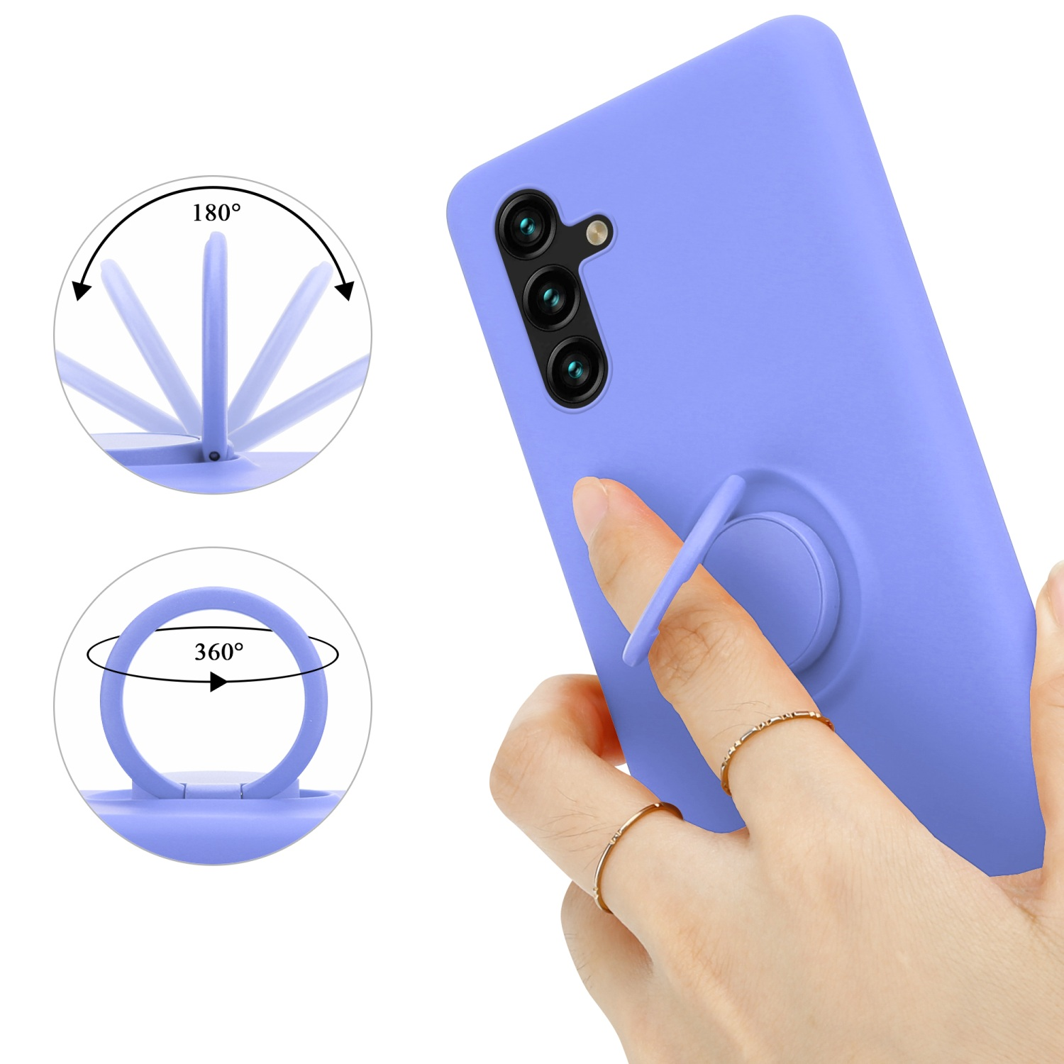 Telefono lavanda con supporto ad anello. Dettagli: rotazione di 180 e 360 gradi, due anelli su un dito.
