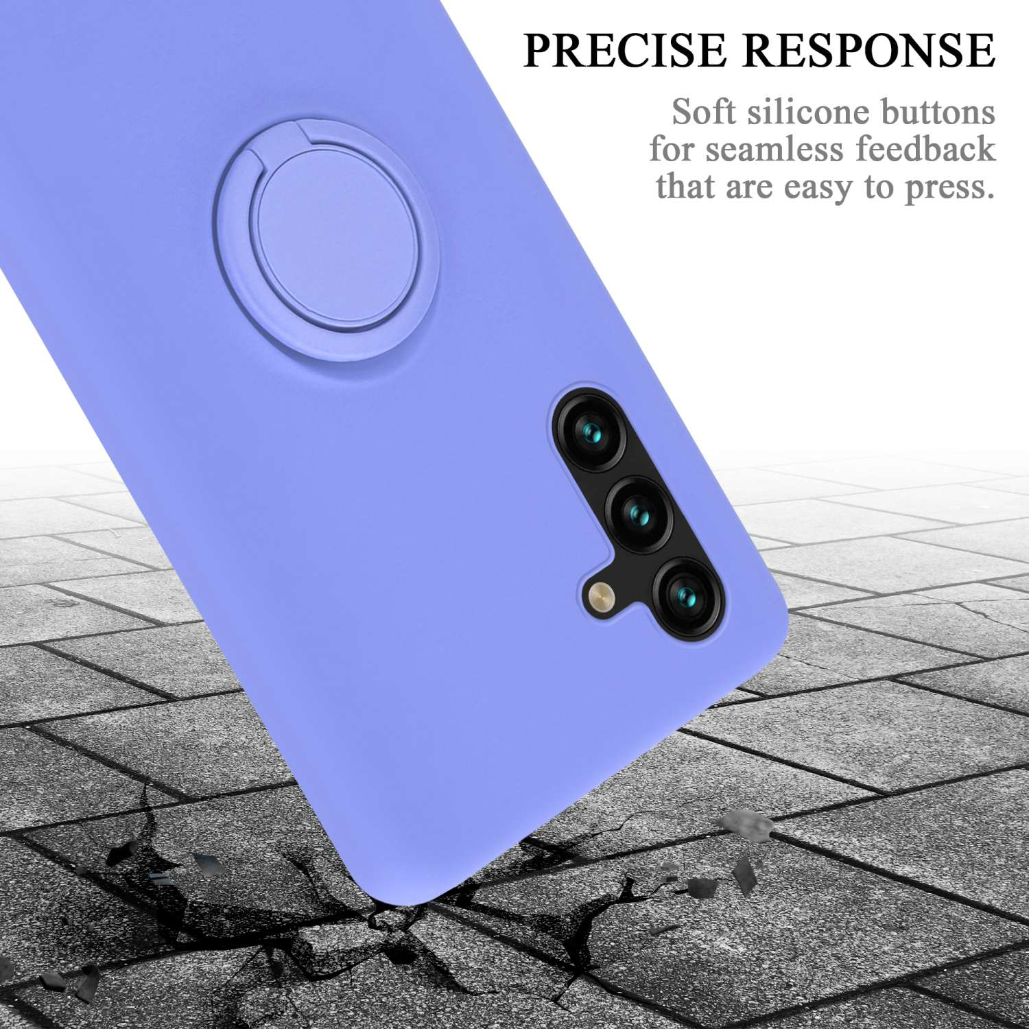 Custodia per telefono viola con supporto ad anello e retro di un telefono.