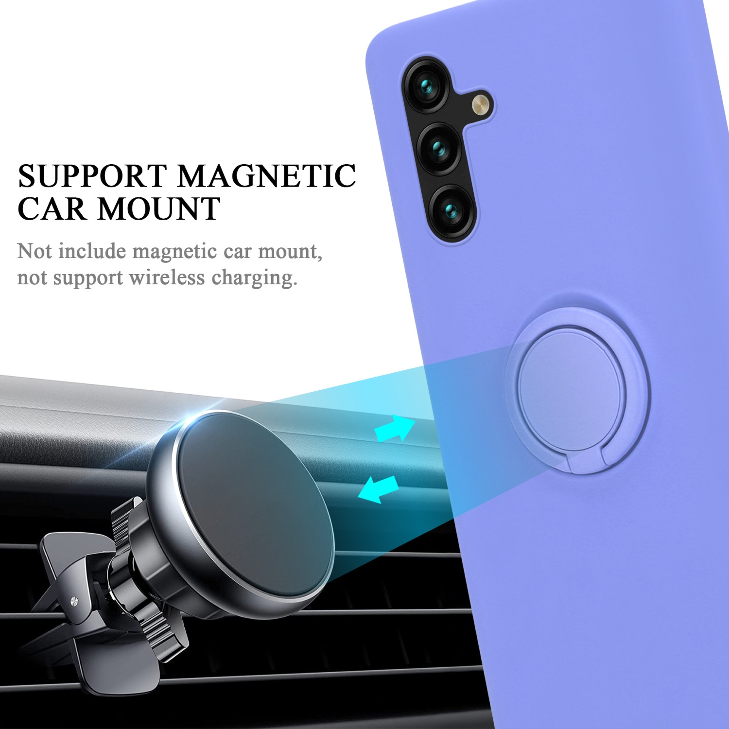 Una custodia per telefono viola con un portaanello e un supporto per auto. La custodia è attaccata al supporto.