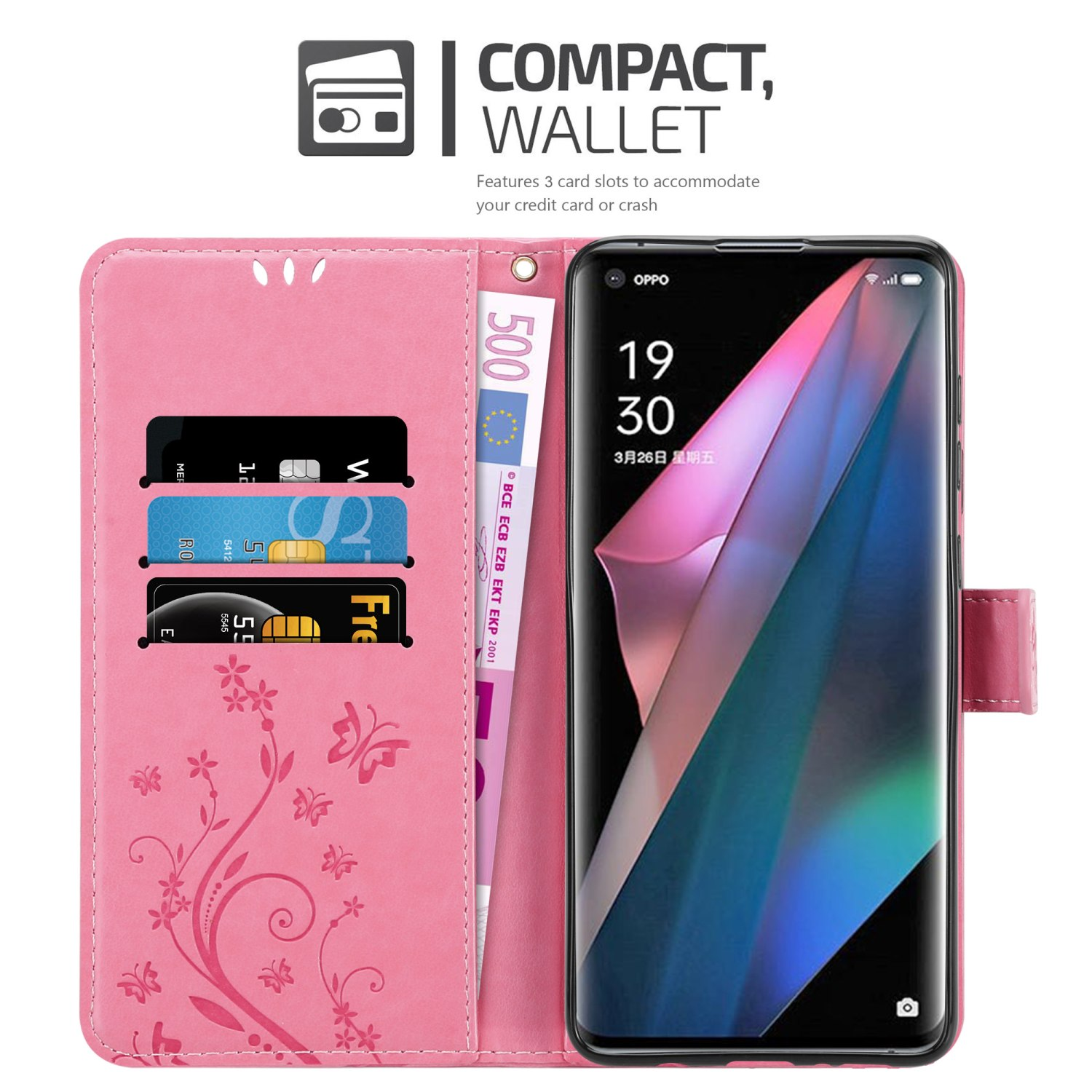 Custodia a portafoglio rosa con carte, denaro e telefono. Design floreale. Testo 'Compact Wallet'.
