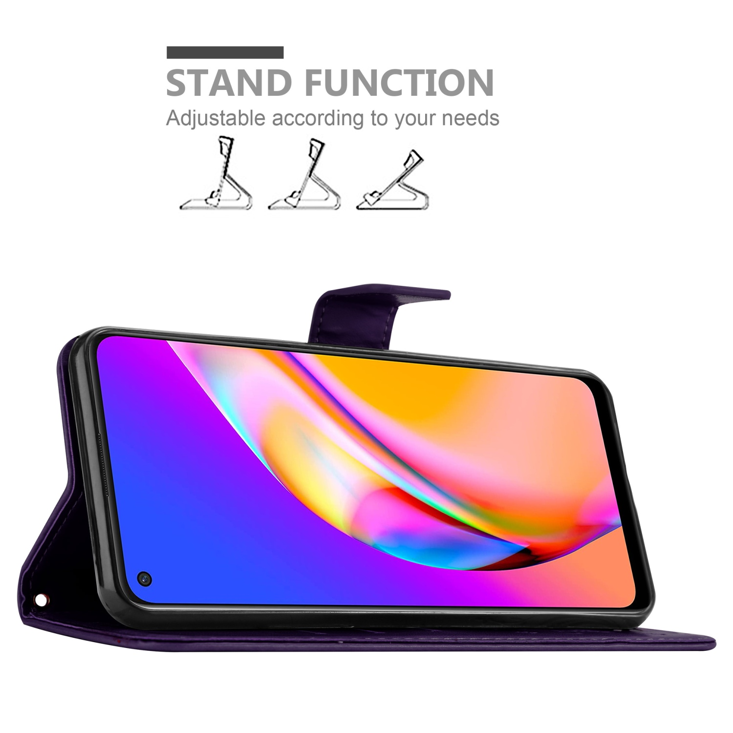 Telefono in una custodia viola con funzione stand. Lo schermo del telefono è in mostra.