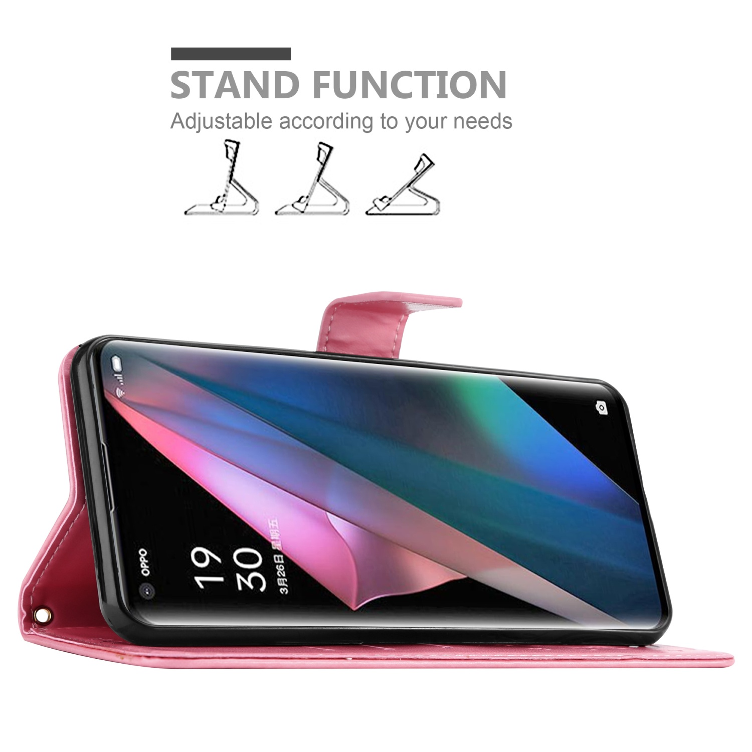 Custodia rosa con telefono. Sfondo bianco. Funzione stand. Testo: Funzione stand.