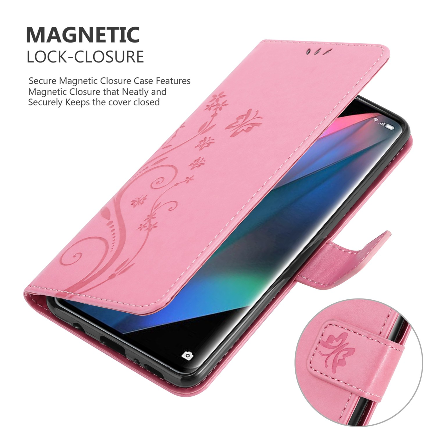 Custodia per telefono rosa con telefono all'interno, aperta. Presenta un design floreale, chiusura magnetica e un telefono all'interno.