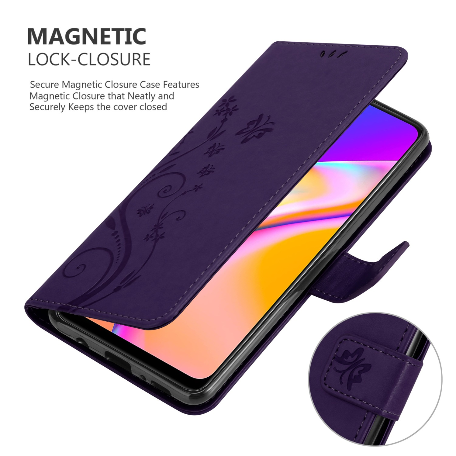 Custodia per telefono viola con design floreale, aperta, con un telefono all'interno e chiusura magnetica.