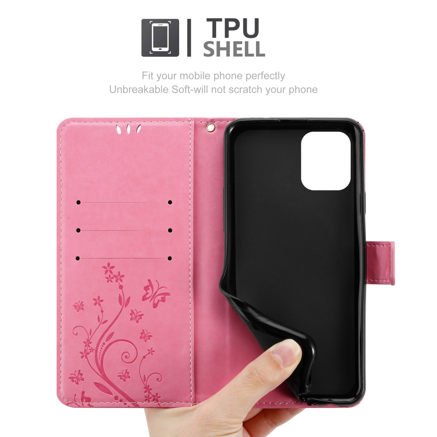 Custodia per telefono rosa con telefono nero all'interno, mano che tiene aperta la custodia. Design floreale all'interno.