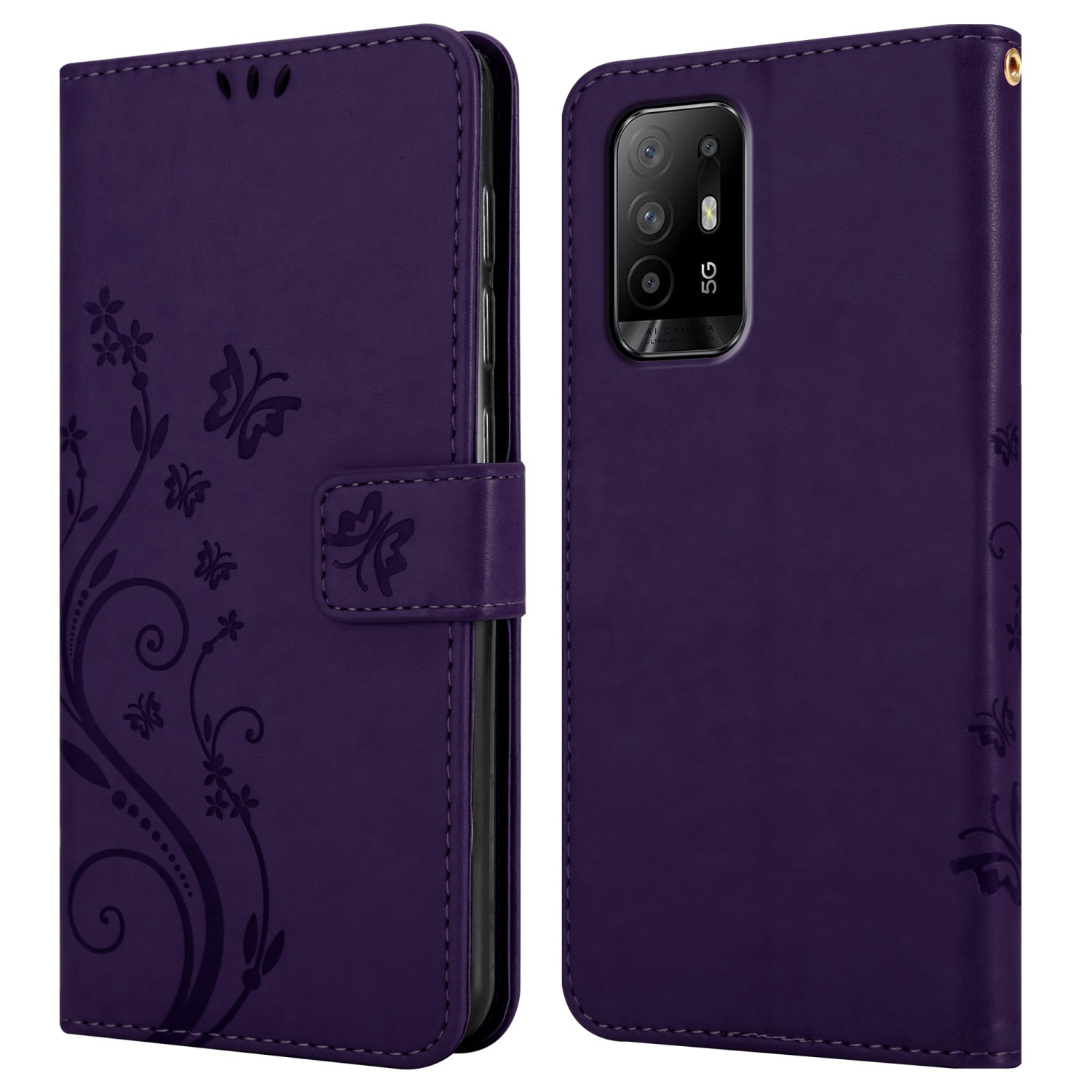 Custodia a portafoglio viola con un design floreale. La custodia del telefono è chiusa.