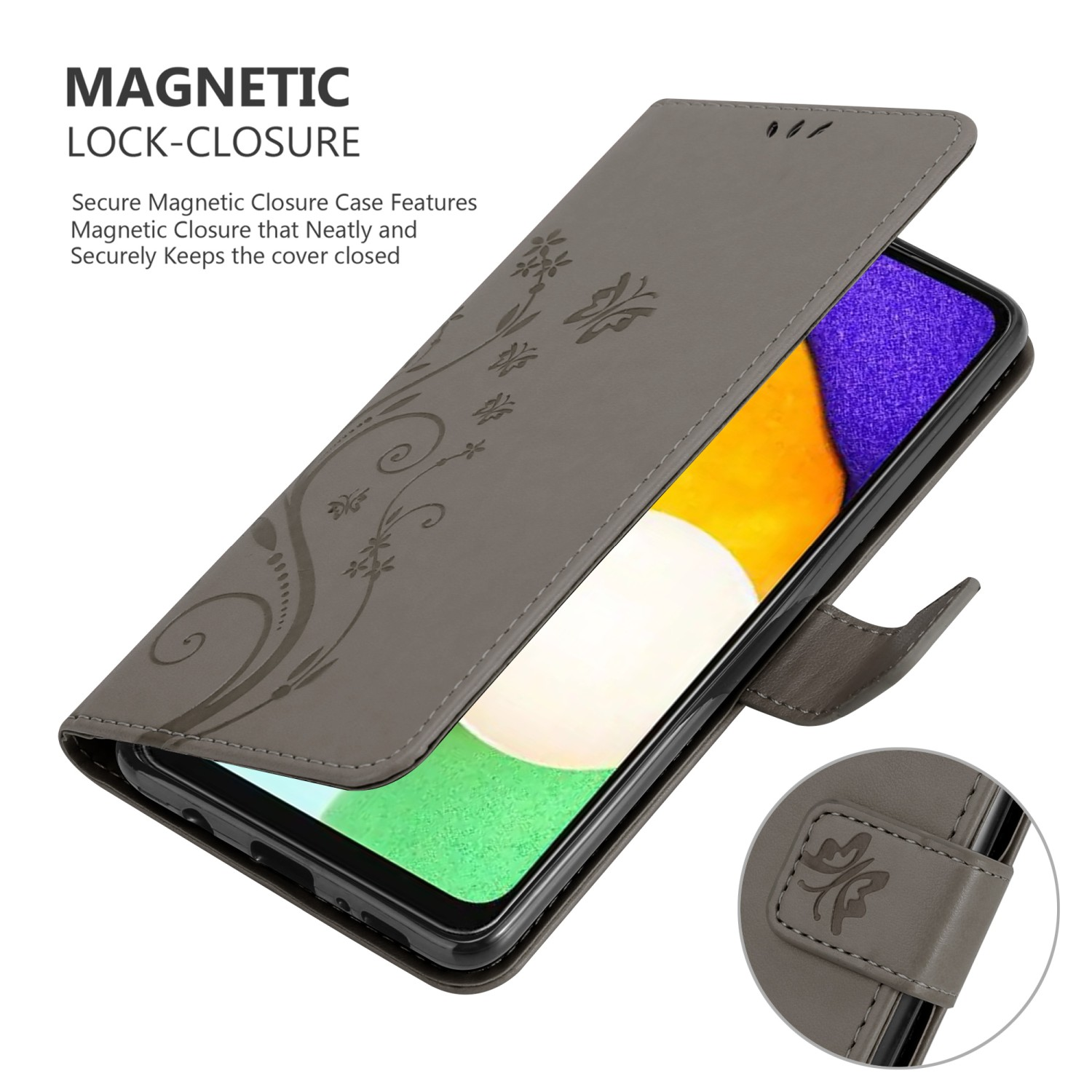 Un portafoglio per telefono grigio con un telefono dentro, aperto. Ha un design floreale.
