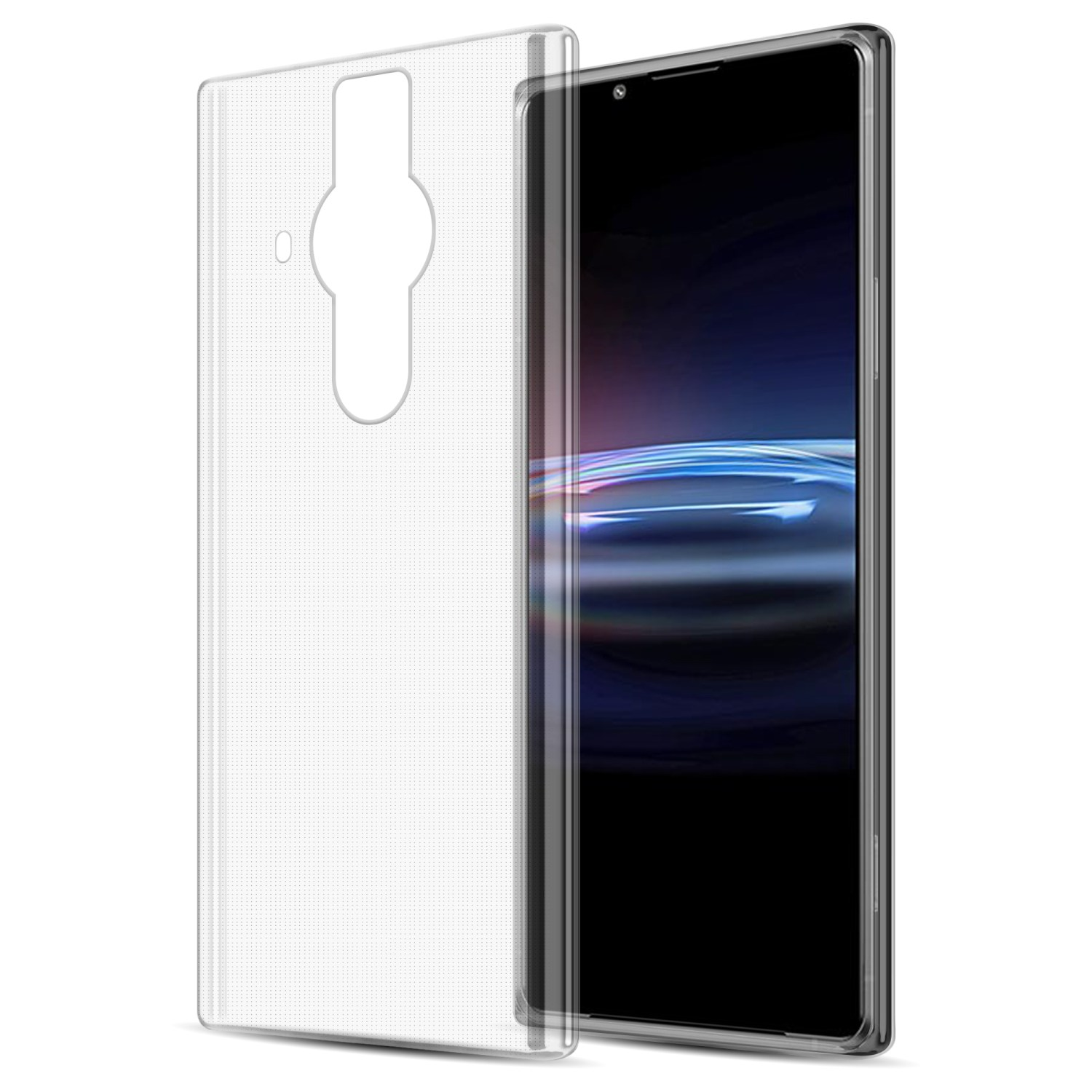 Custodia trasparente per telefono che mostra un telefono. La custodia ha una fotocamera. Il telefono è nero.