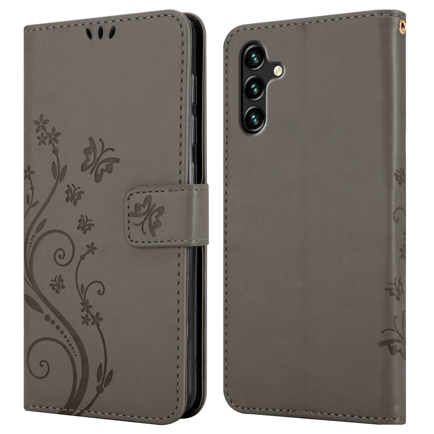 Graue Handyhülle, geöffnet, um das Telefon im Inneren zu zeigen.