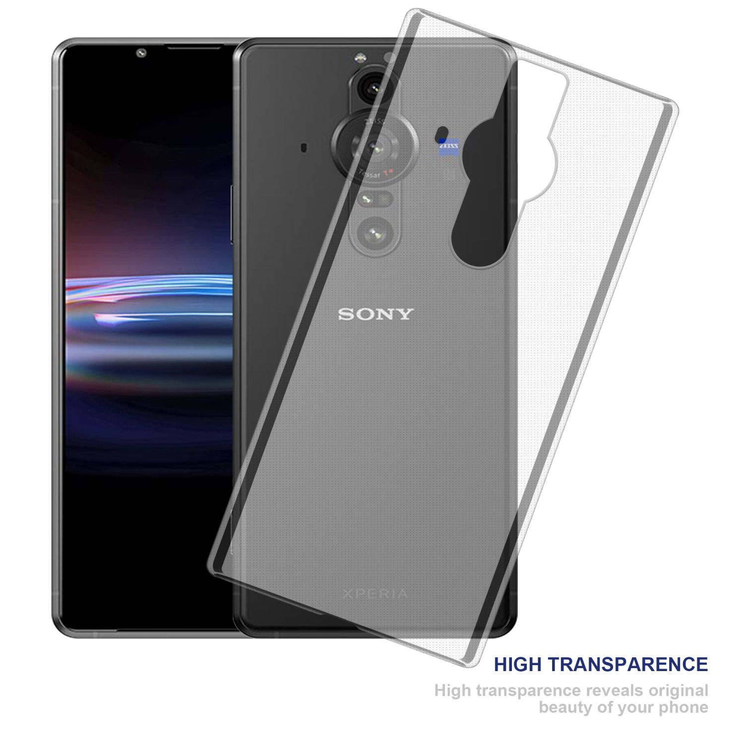 Telefono con custodia trasparente sopra. La custodia è trasparente. Testo: 'High Transparency', rivela la bellezza del telefono.