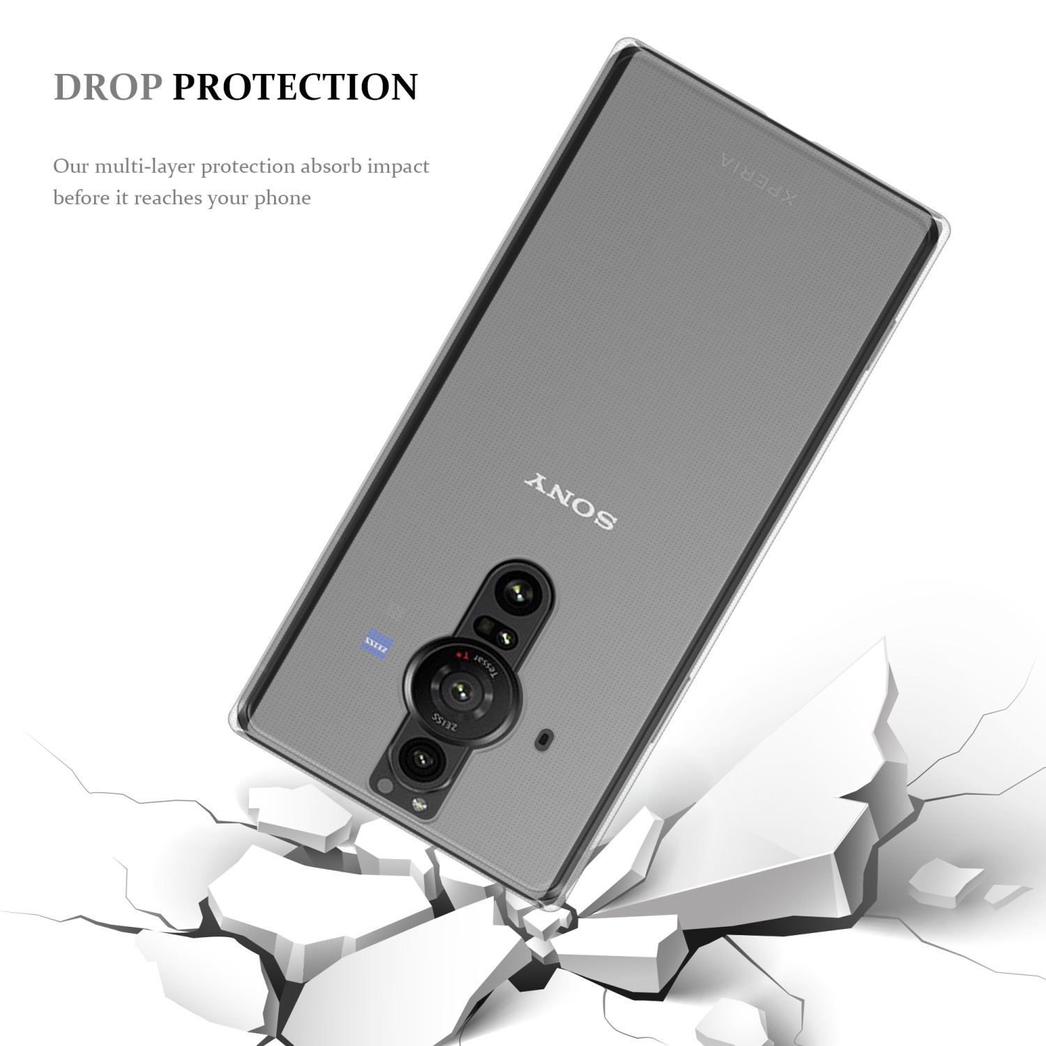 Custodia trasparente con telefono che cade, superficie rotta, testo: Drop Protection.