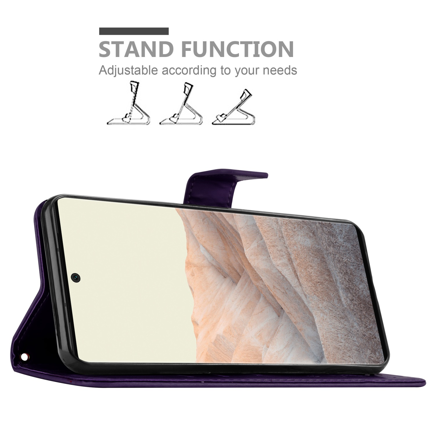 Custodia viola aperta in posizione supporto, mostra lo schermo del telefono. Funzione supporto.