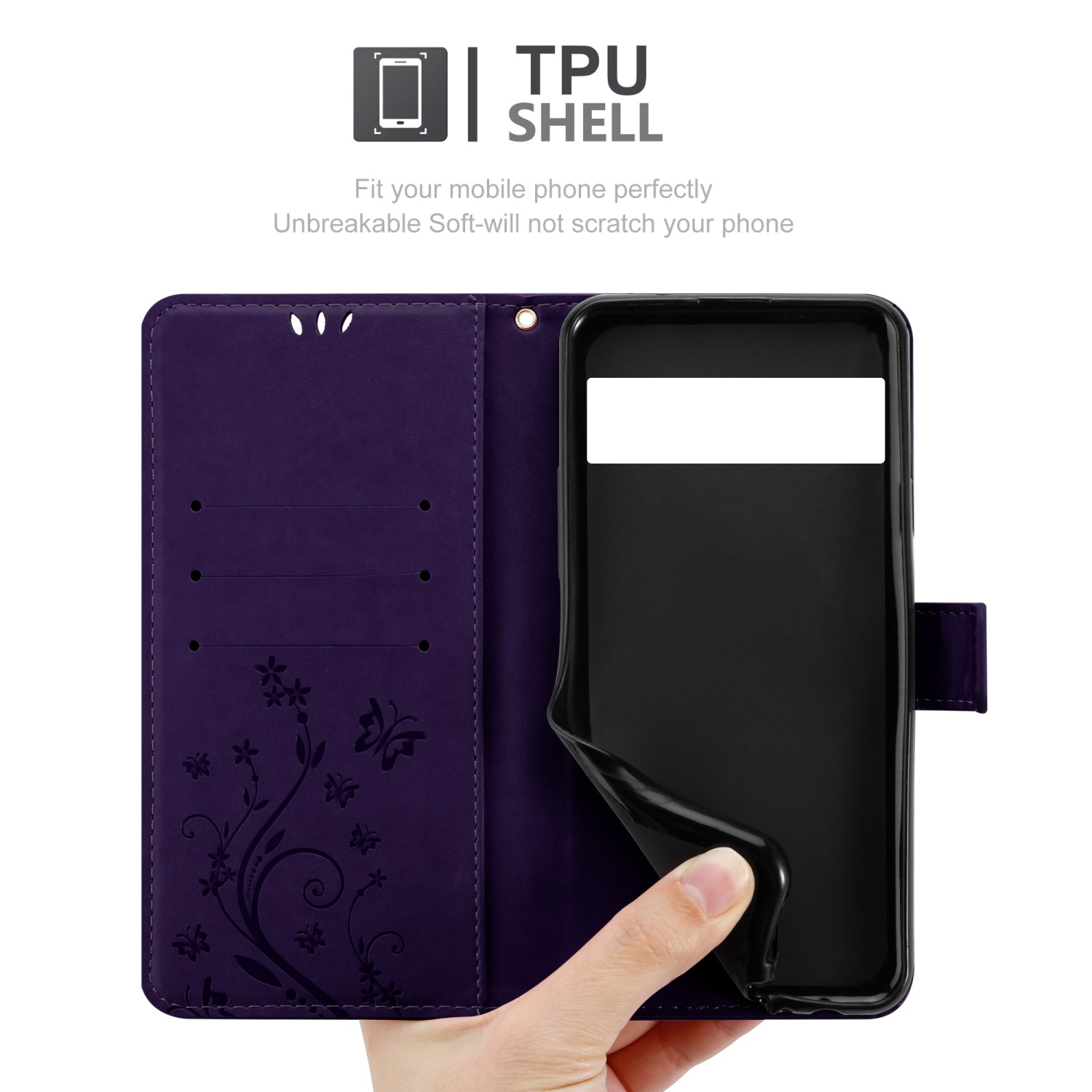 Custodia per telefono viola aperta. Mano che tiene il telefono all'interno. Testo: Guscio in TPU, si adatta perfettamente, non graffia.