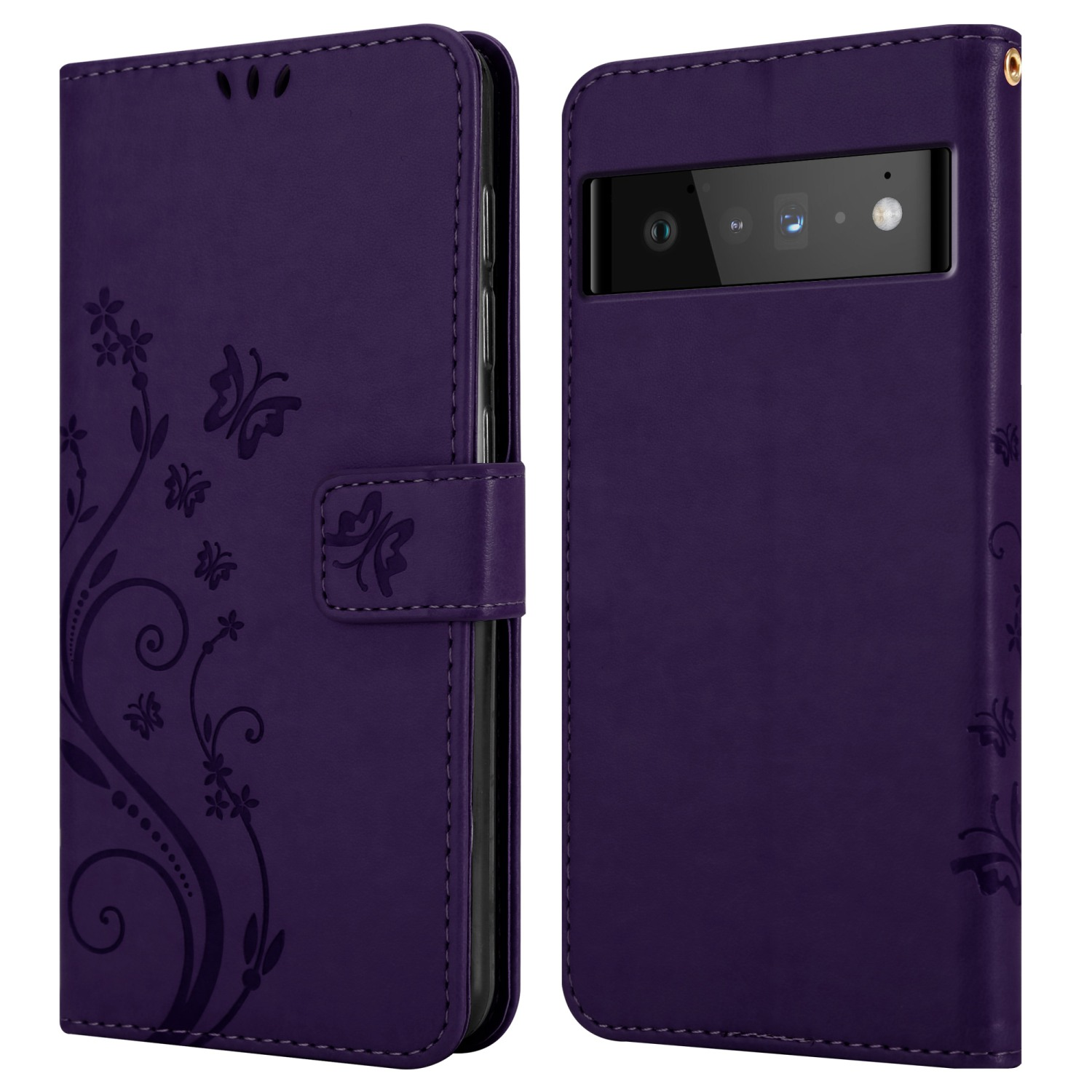Custodia viola per telefono, aperta, mostra un telefono. Design floreale sul davanti.