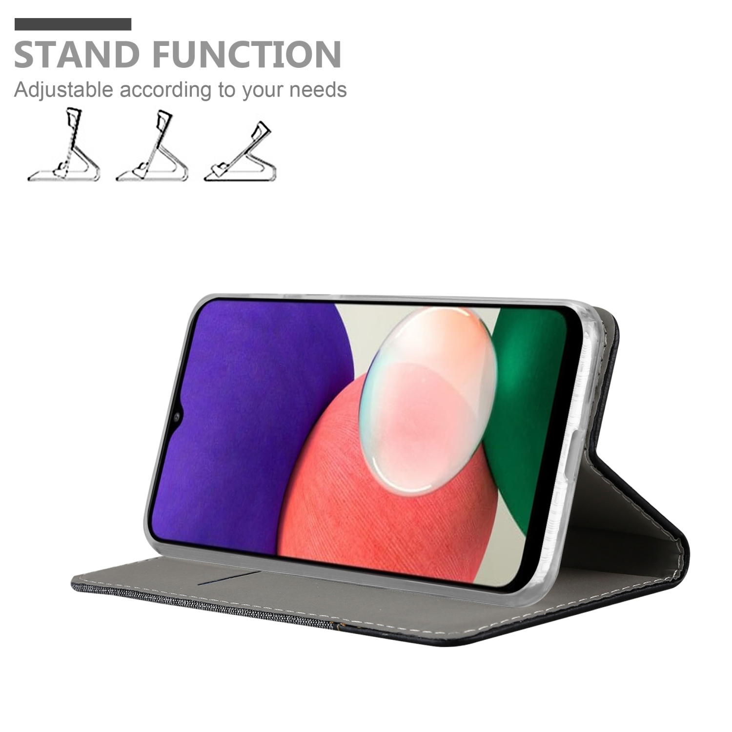 Telefono in una custodia con funzione stand. Vengono visualizzati tre diagrammi di stand. Sfondo bianco.