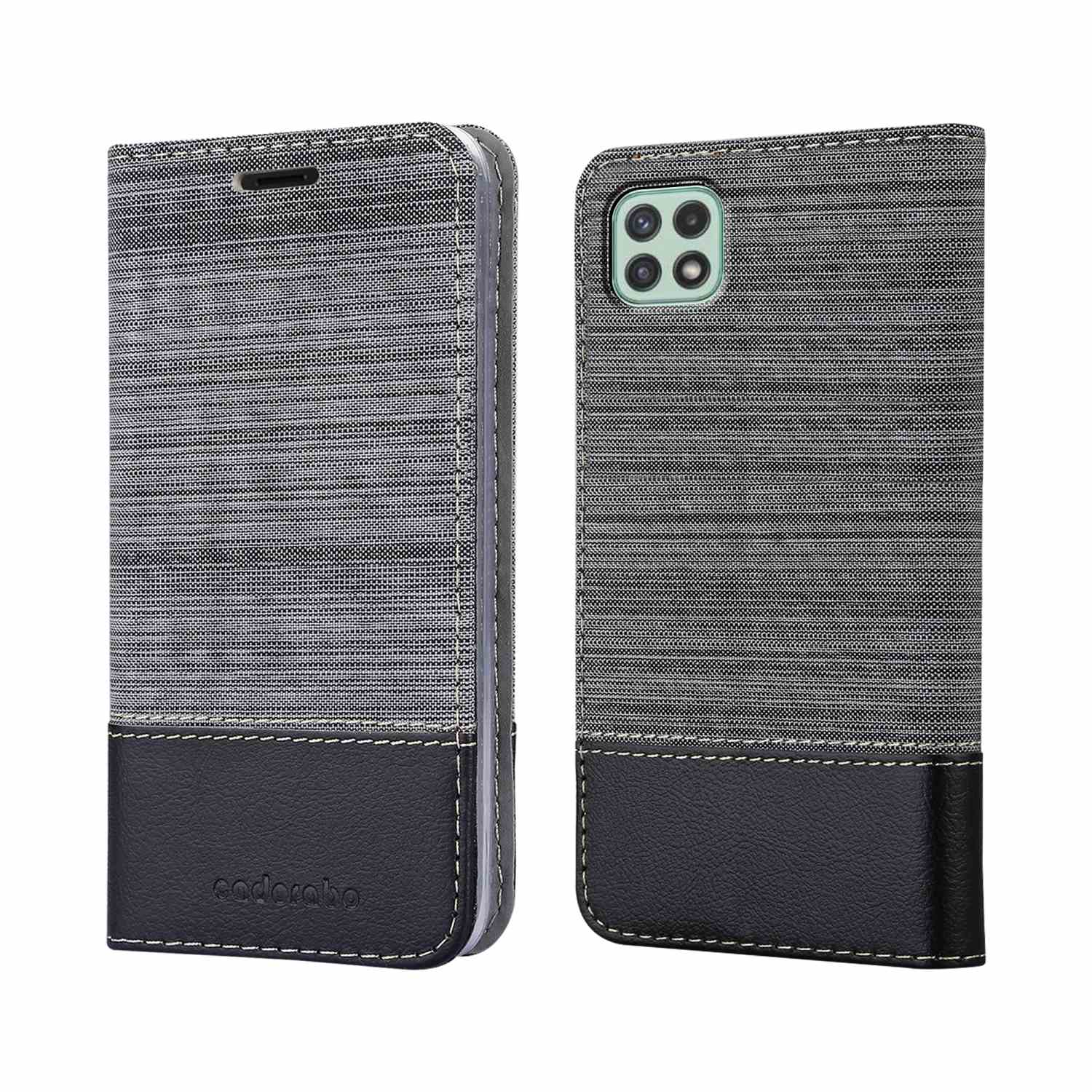 Custodia per telefono grigia e nera. È una custodia a portafoglio con un design strutturato e una base nera.