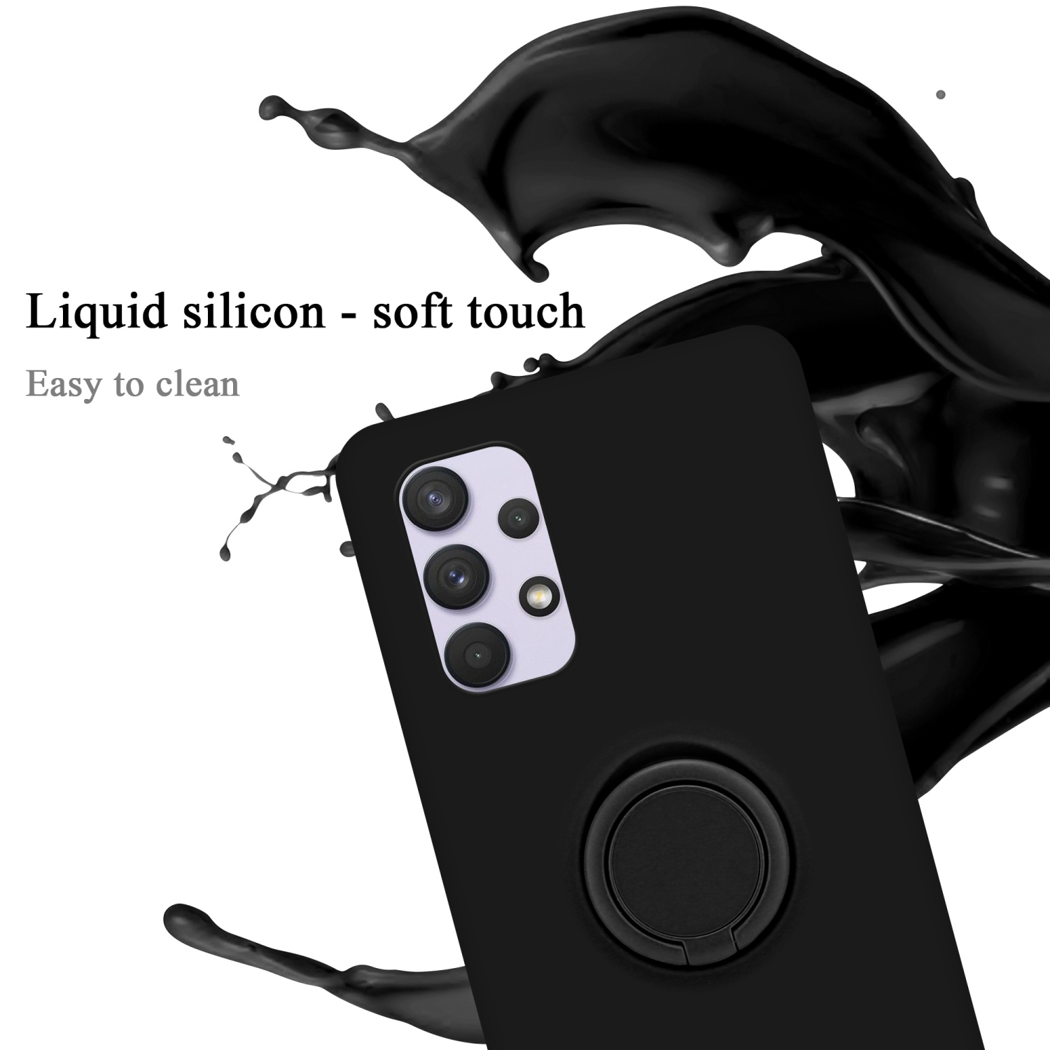 Custodia nera con anello, schizzi di liquido intorno.