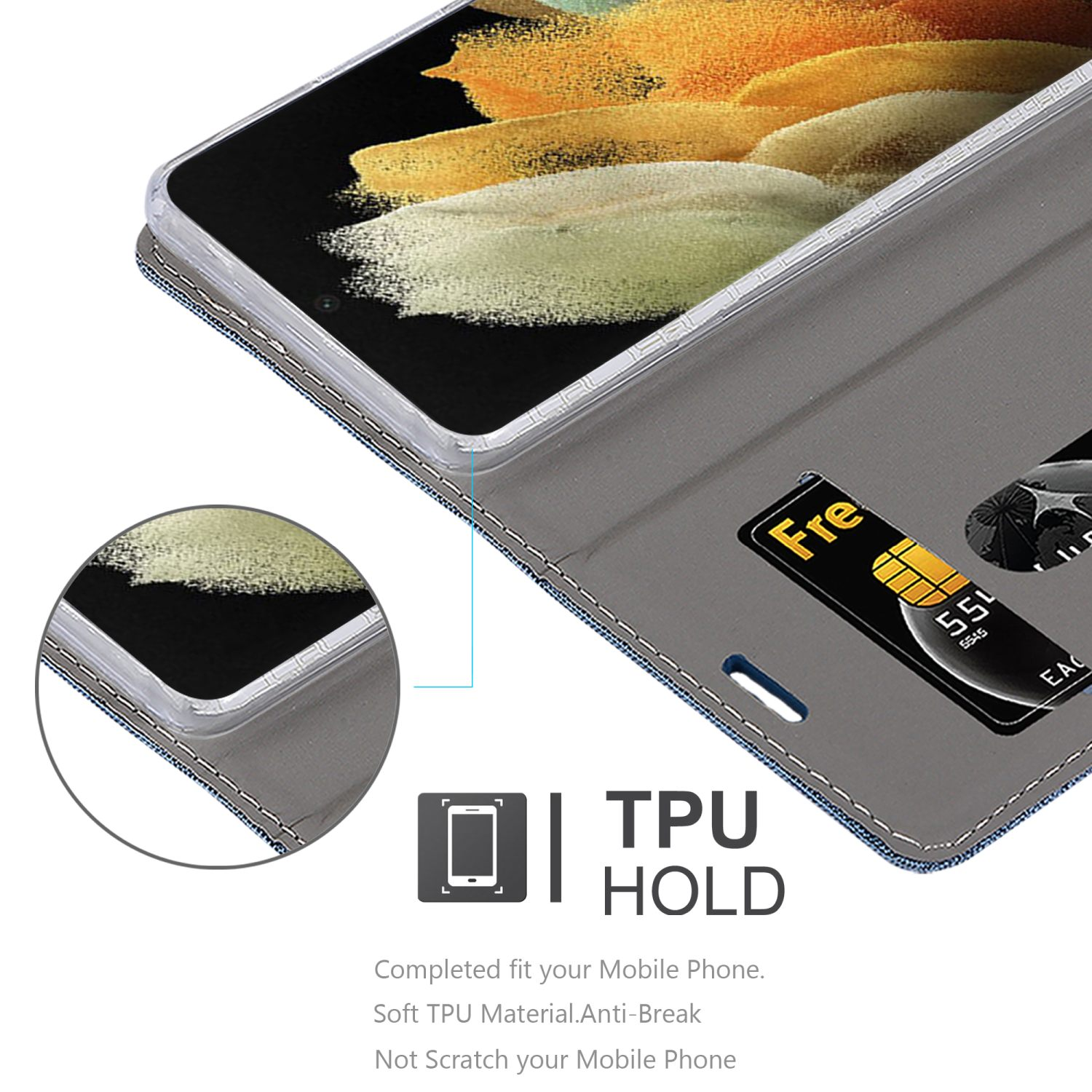 Custodia grigia per telefono con un telefono all'interno. Supporto in TPU. Testo: Supporto in TPU. Adattamento completo per il tuo cellulare.