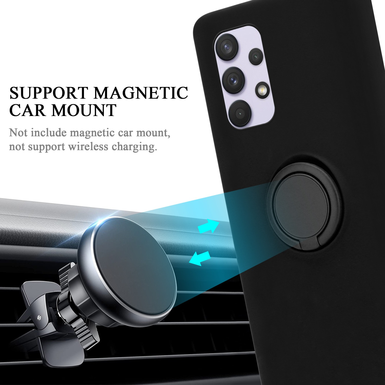 Custodia nera per telefono con anello e supporto auto argento. Testo: Supporto magnetico per auto.