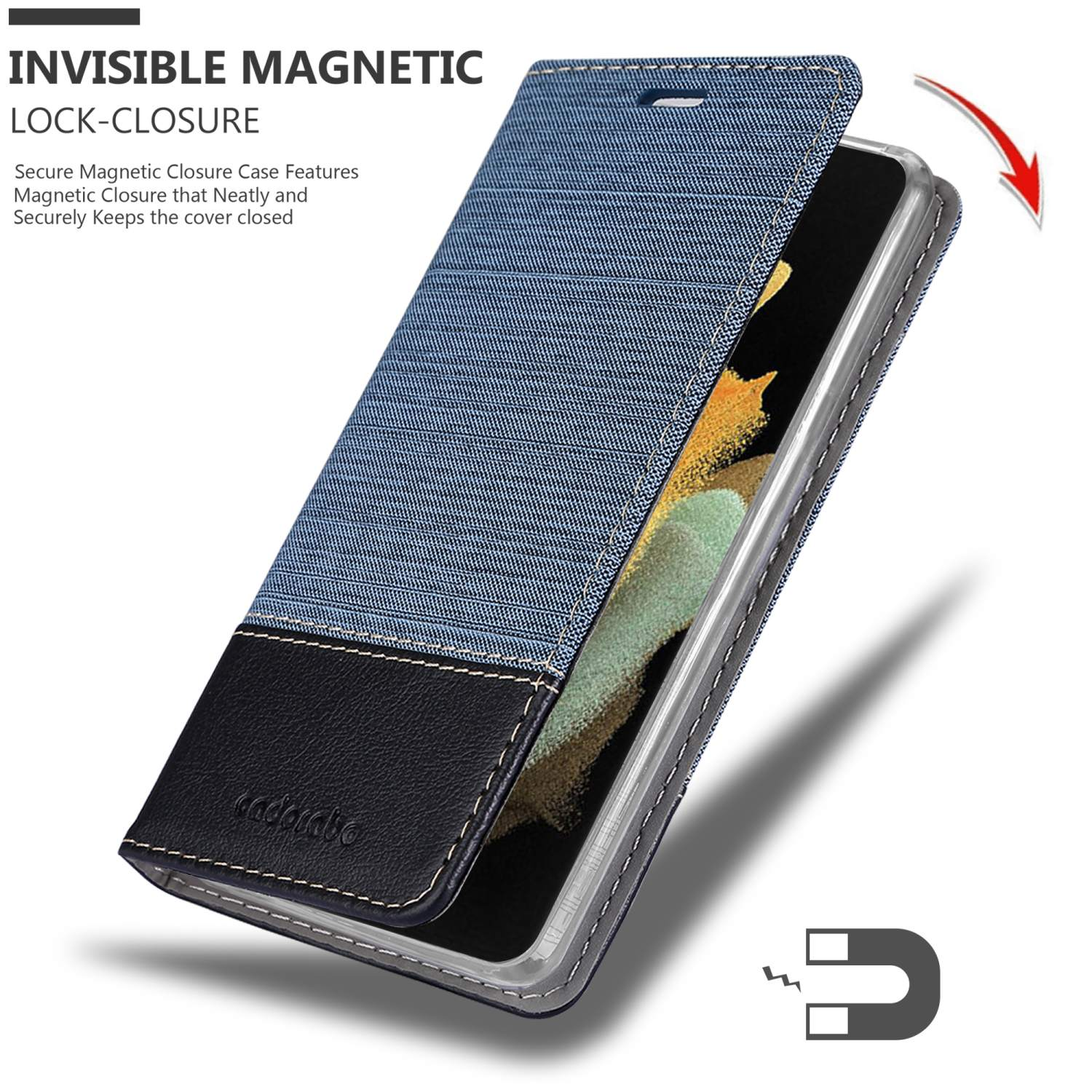 Un telefono in una custodia simile al denim con chiusura magnetica. Viene mostrato un magnete a forma di U.