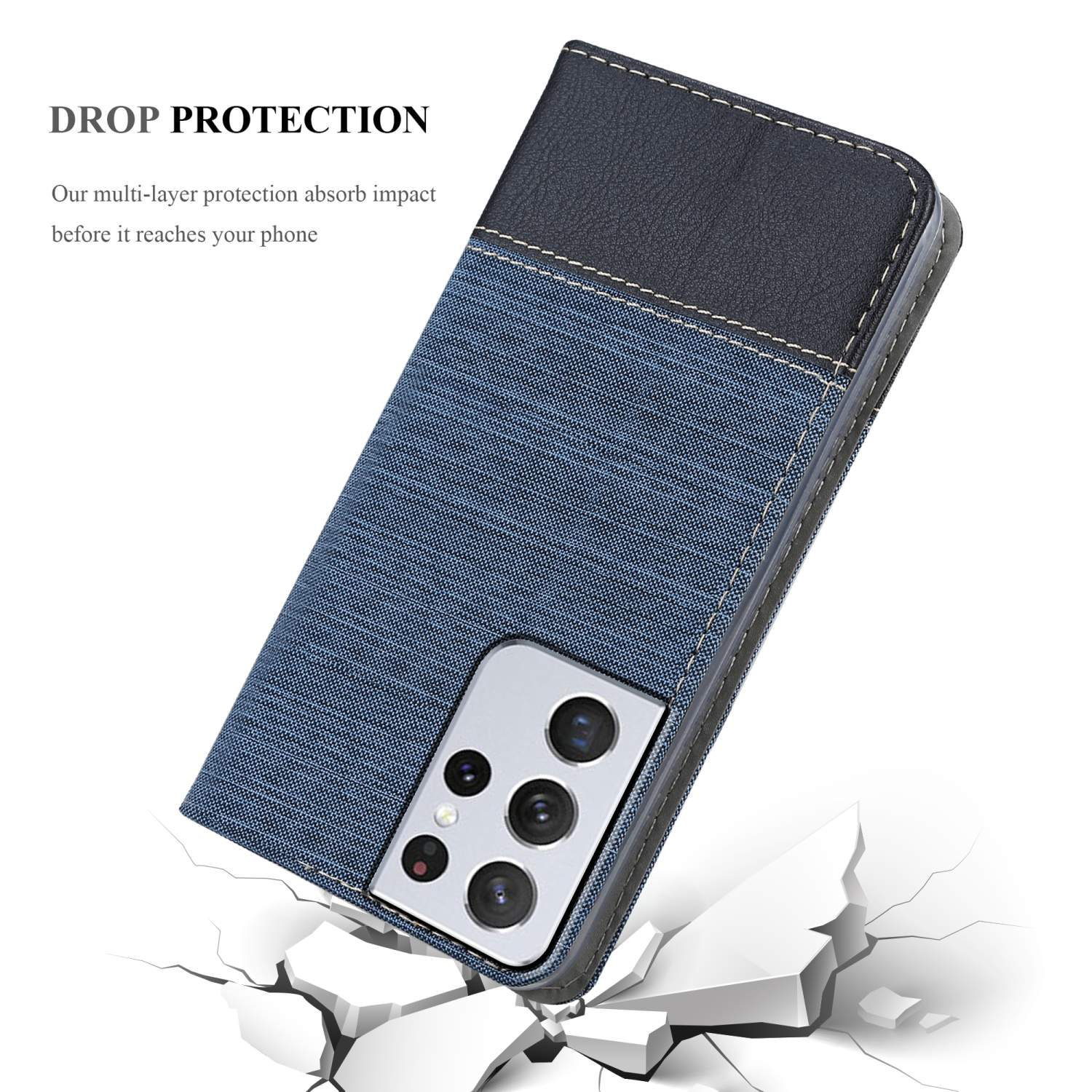 Custodia per telefono blu denim e nera. La custodia è aperta, mostrando la fotocamera del telefono.