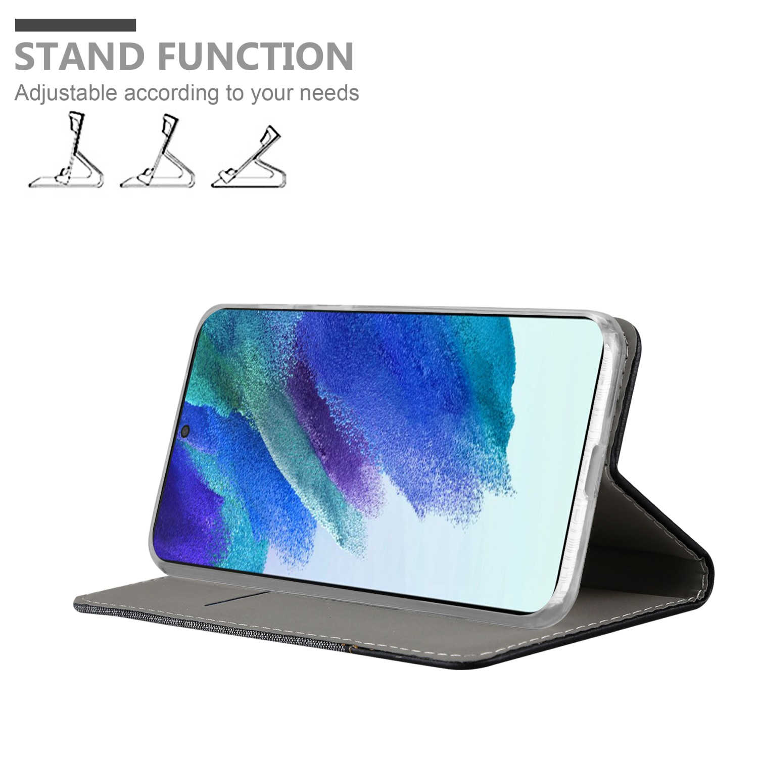 Telefon in einem grauen Handy-Wallet-Case, Telefonbildschirm sichtbar. Standfunktion oben gezeigt.