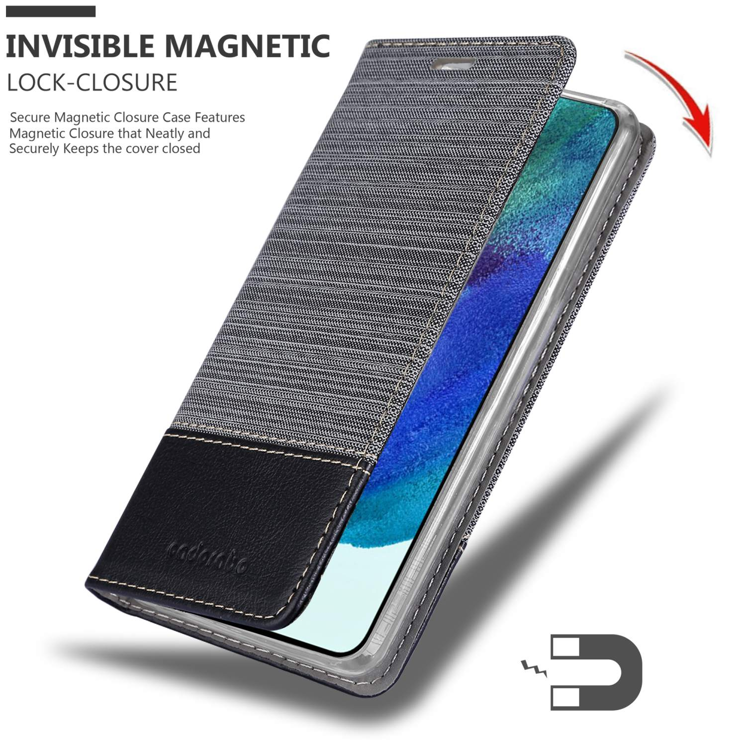 Graue Handyhülle offen, zeigt den Bildschirm. Schwarzes Lederdetail. Magnetverschluss.